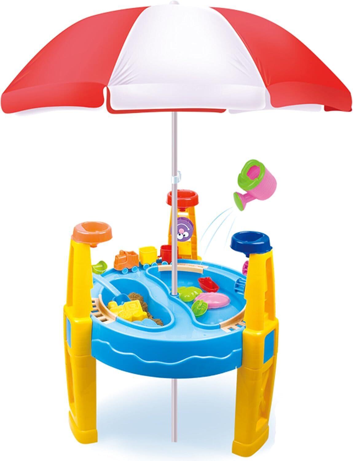 Gem Toys Outdoor Sand and Water Table Toy with Umbrella (28 Pcs Accessories)