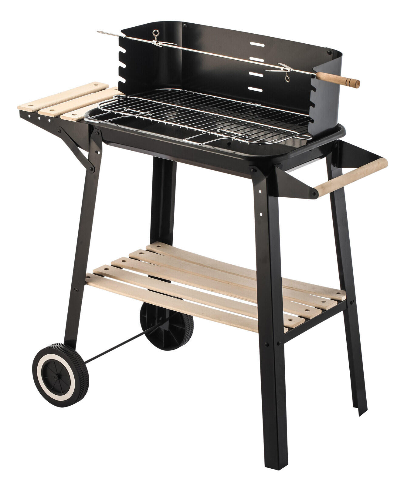 Hacienda Charcoal Grill BBQ with Manual Rotisserie Stick on Trolley Stand