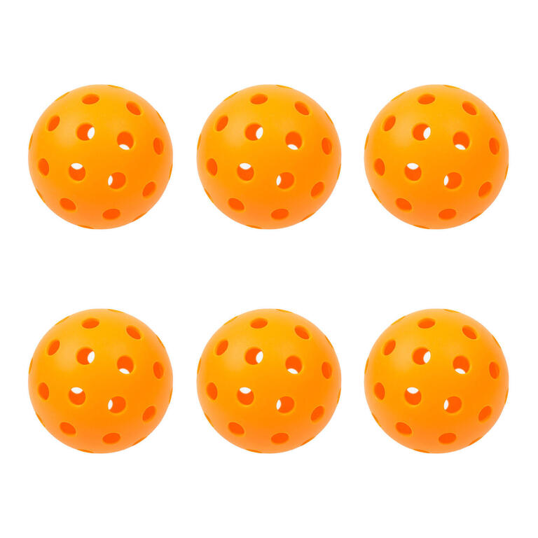 Pickleball balls with aerodynamic hole design, six-pack