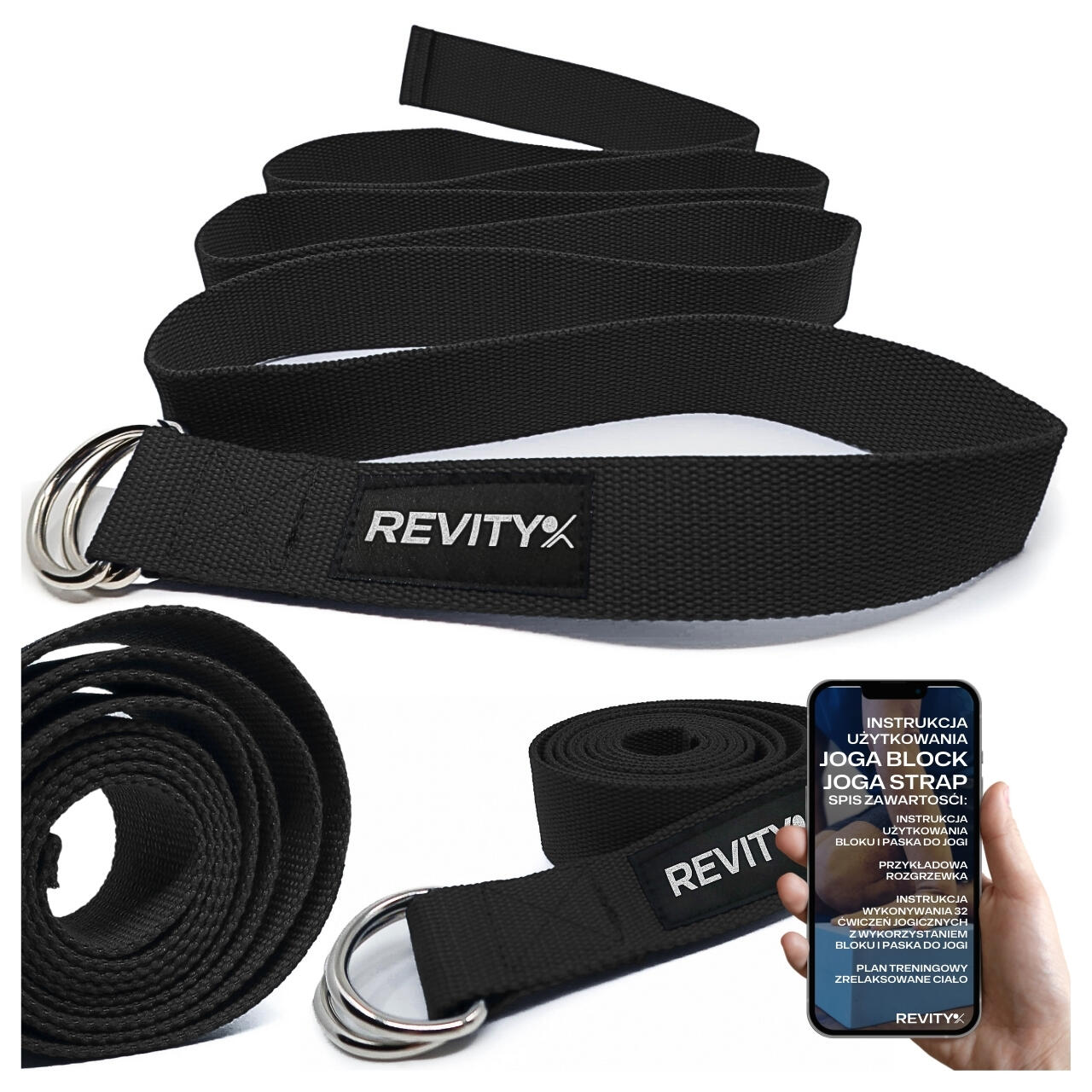 Pasek do jogi i pilatesu Revity czarny 200 x 3.8 cm
