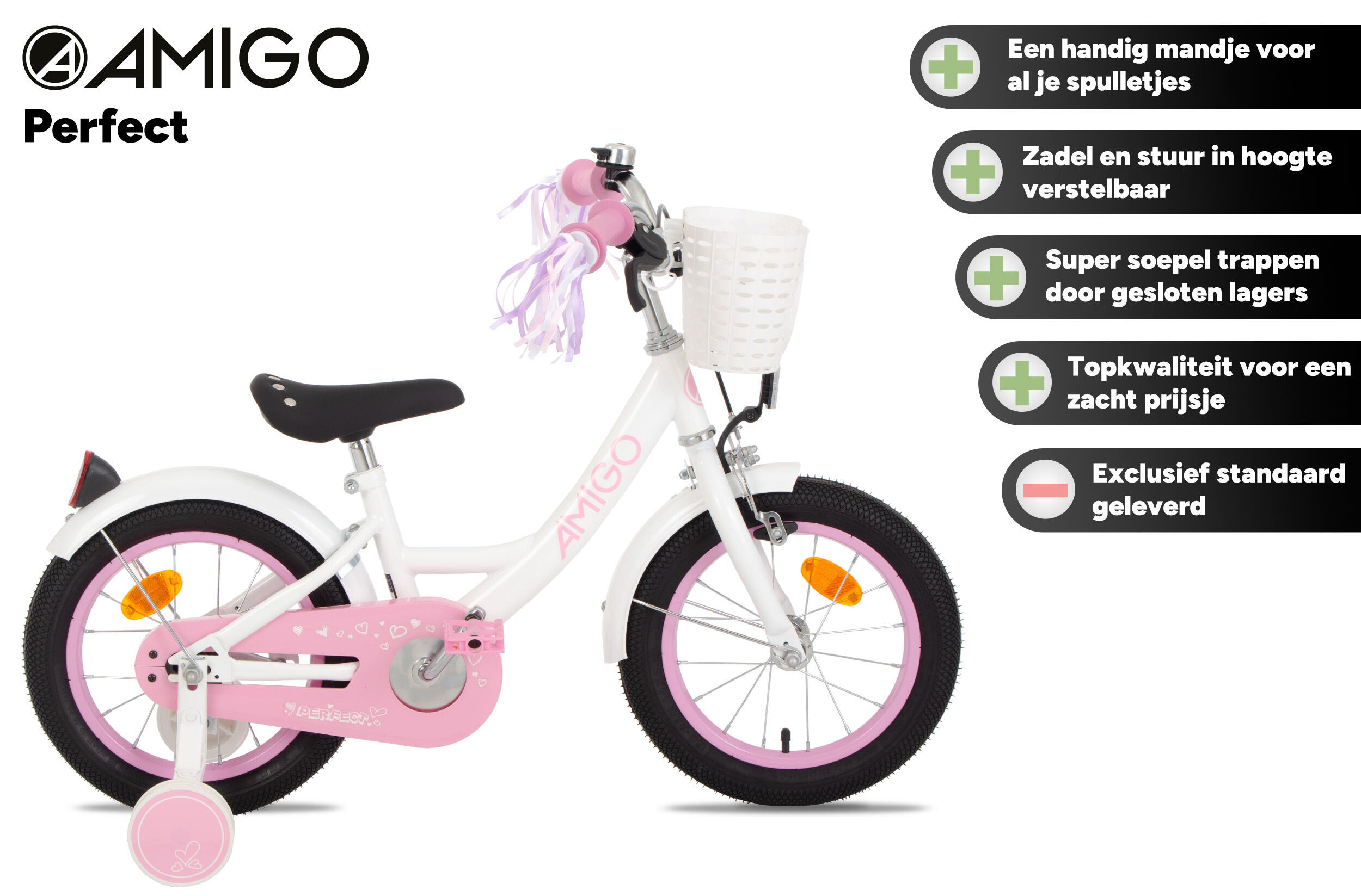 Perfect 14 Inch 22 cm Meisjes Terugtraprem Wit/Roze 2/7