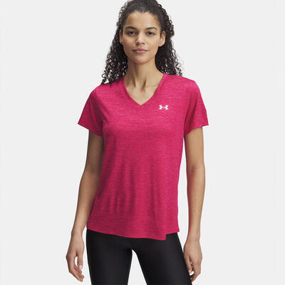 Ua tech™ twist t-shirt met korte mouwen en v-hals fuchsia ombré voor dames