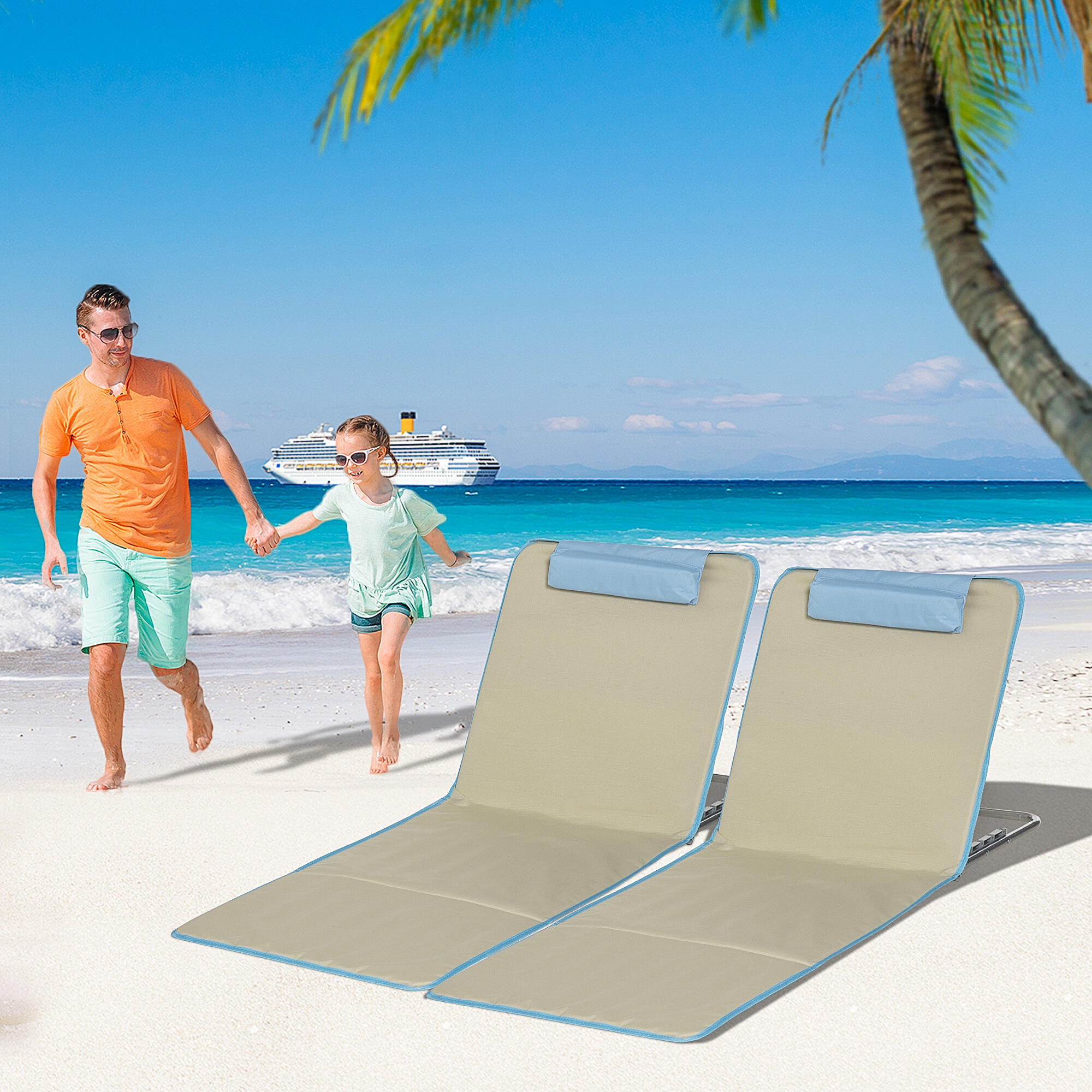 Outsunny Set 2 Sdraio da Spiaggia con Schienale Regolabile Poggiatesta Beige 2/7