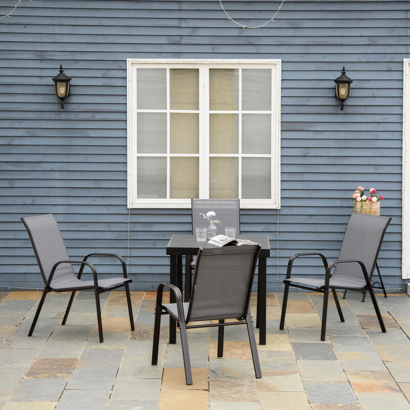 Outsunny Set de 4 Scaune Stivuibile de Exterior cu Cotiere din Metal Gri