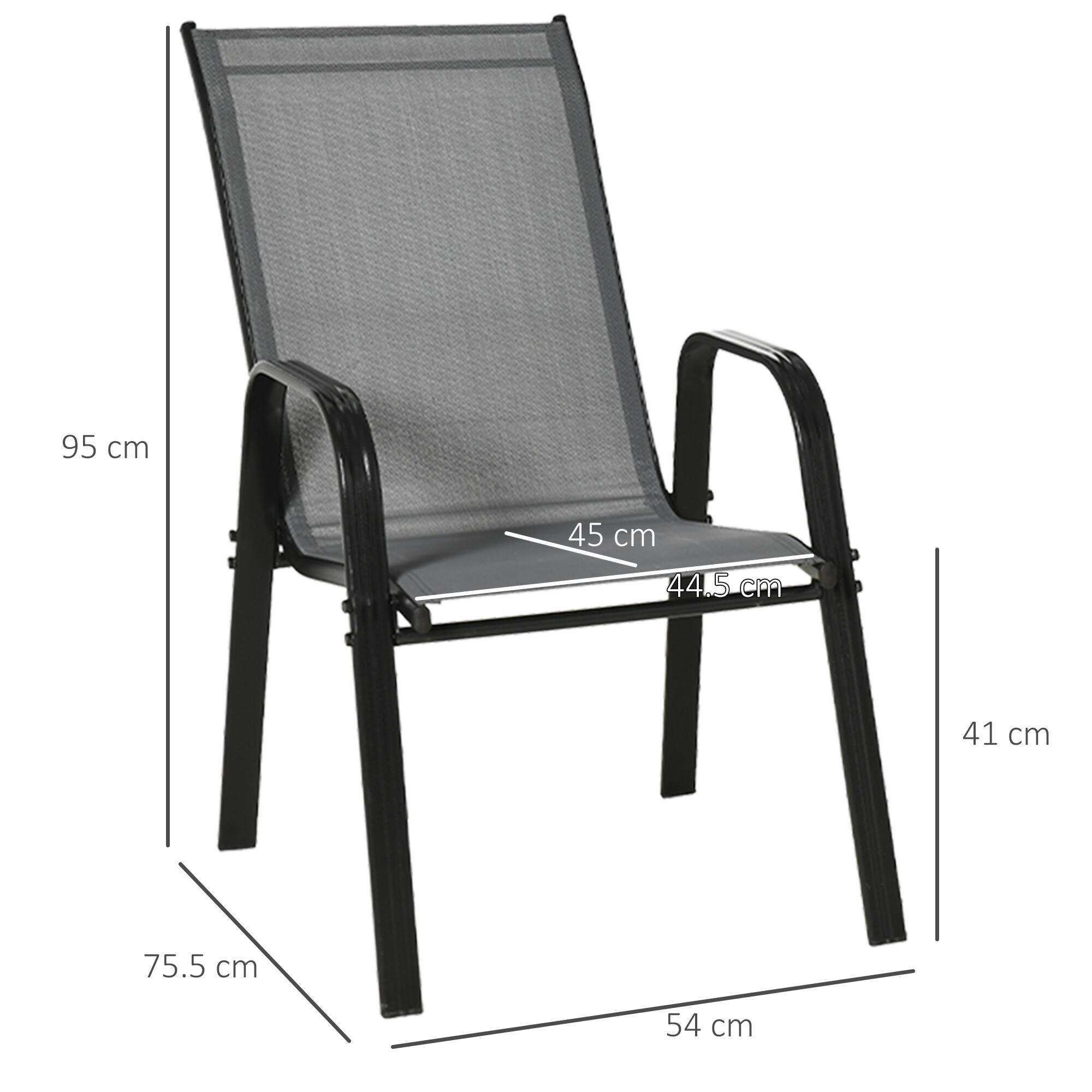 Outsunny Set 4 Sedie da Esterno Impilabili con Braccioli in Metallo Grigio 3/8