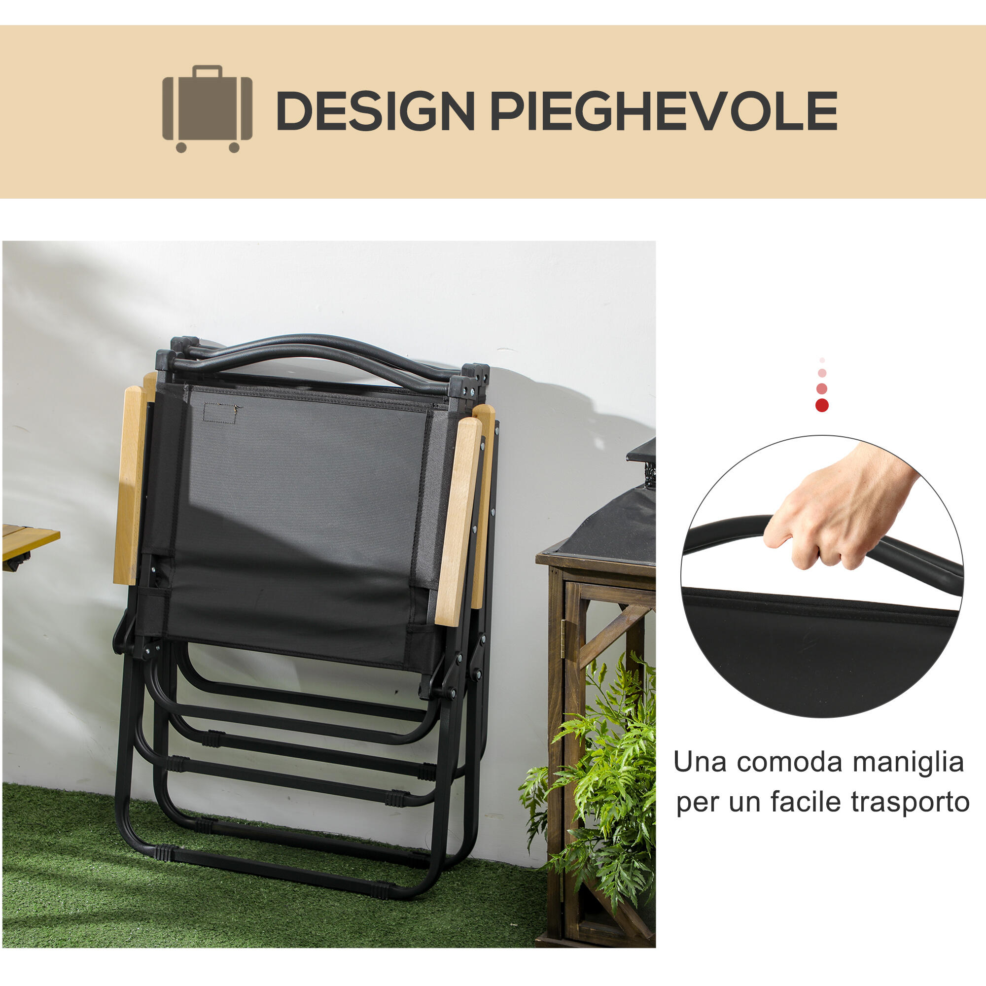 Outsunny Sedia Pieghevole da Esterno con Braccioli in Tessuto e Acciaio Nero 5/7