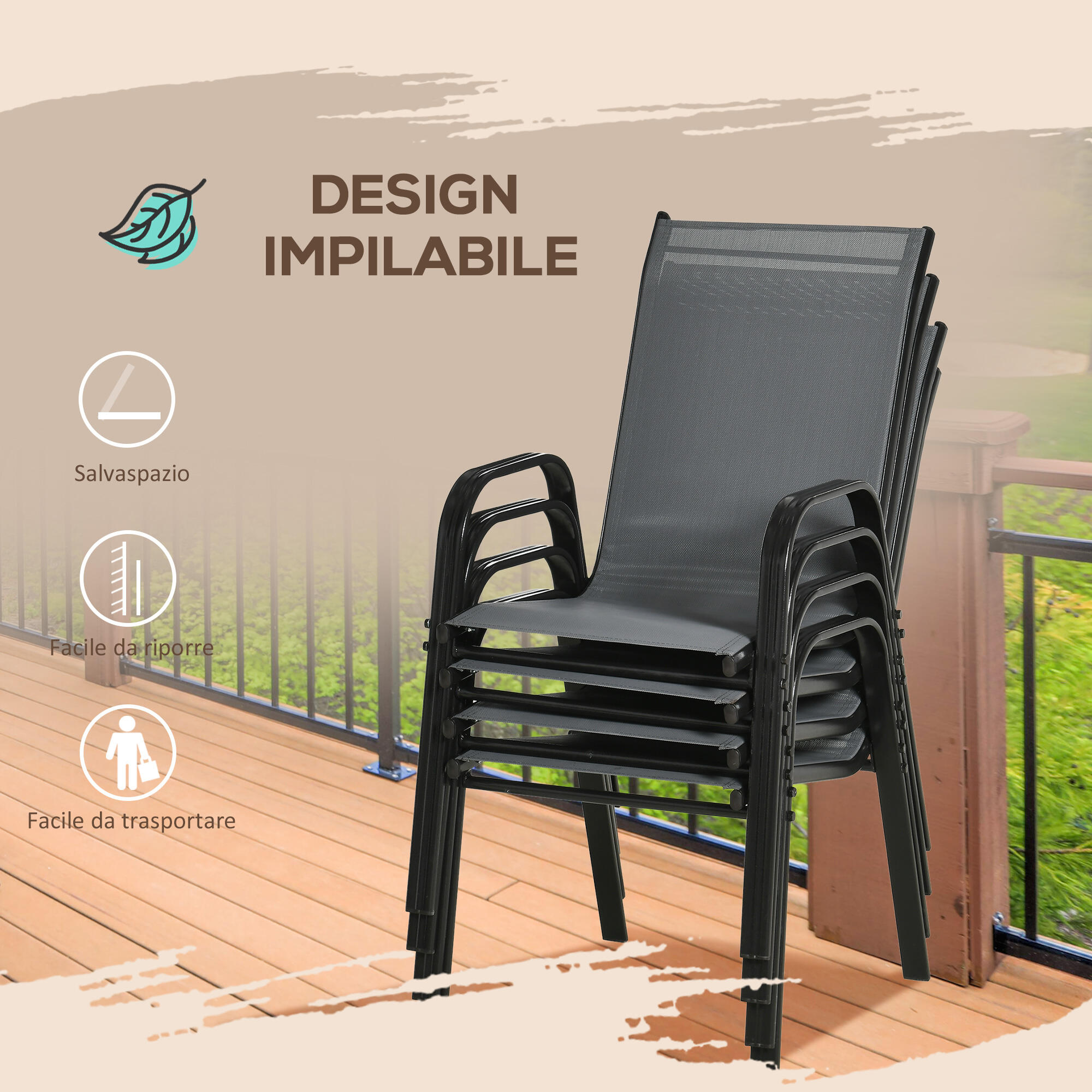 Outsunny Set 4 Sedie da Esterno Impilabili con Braccioli in Metallo Grigio 5/8