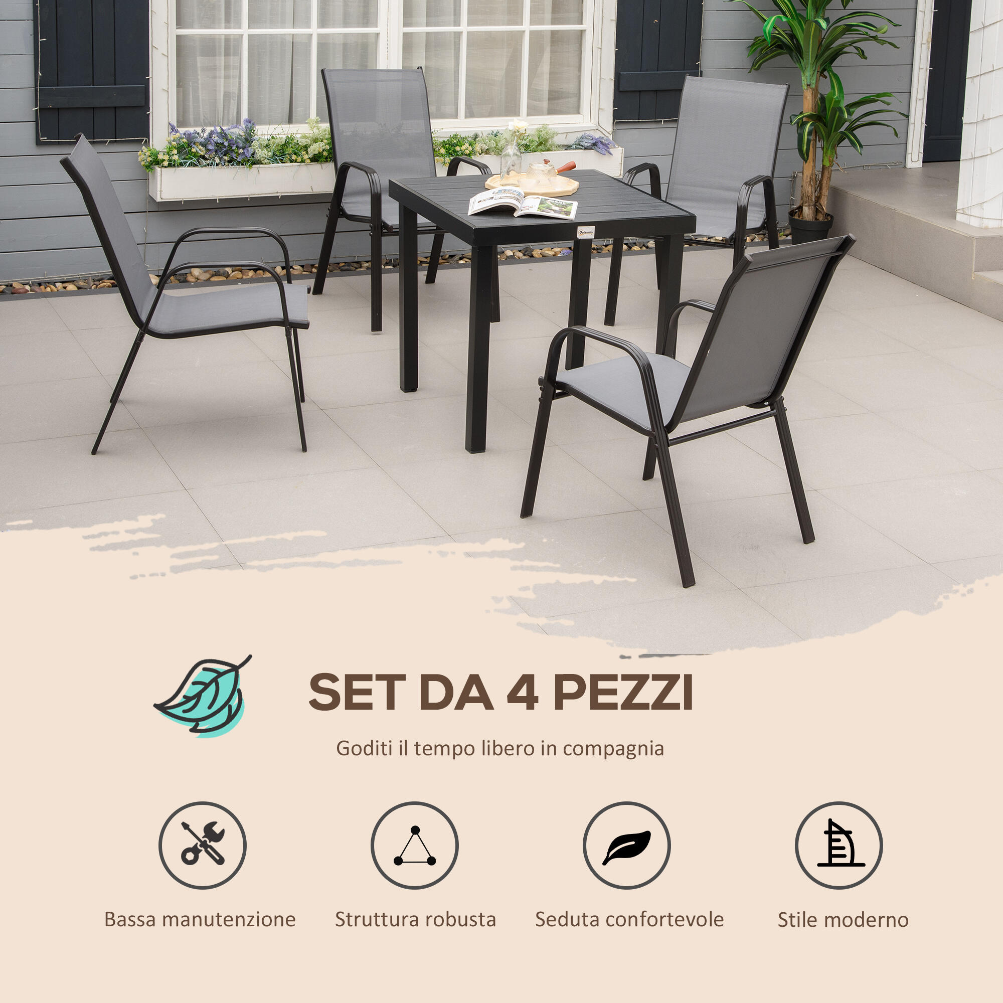 Outsunny Set 4 Sedie da Esterno Impilabili con Braccioli in Metallo Grigio 4/8