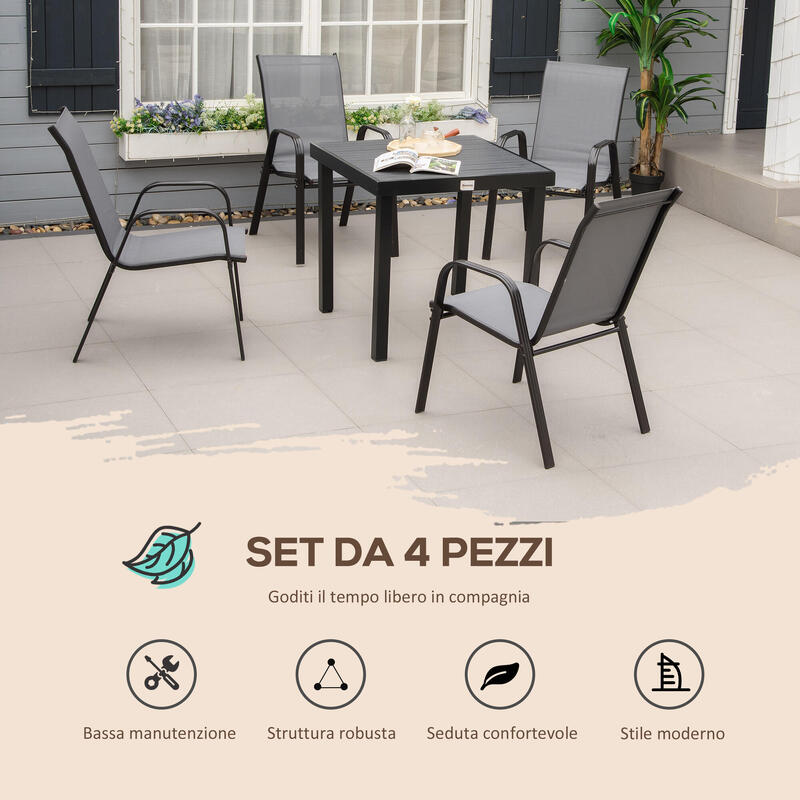 Outsunny Set de 4 Scaune Stivuibile de Exterior cu Cotiere din Metal Gri
