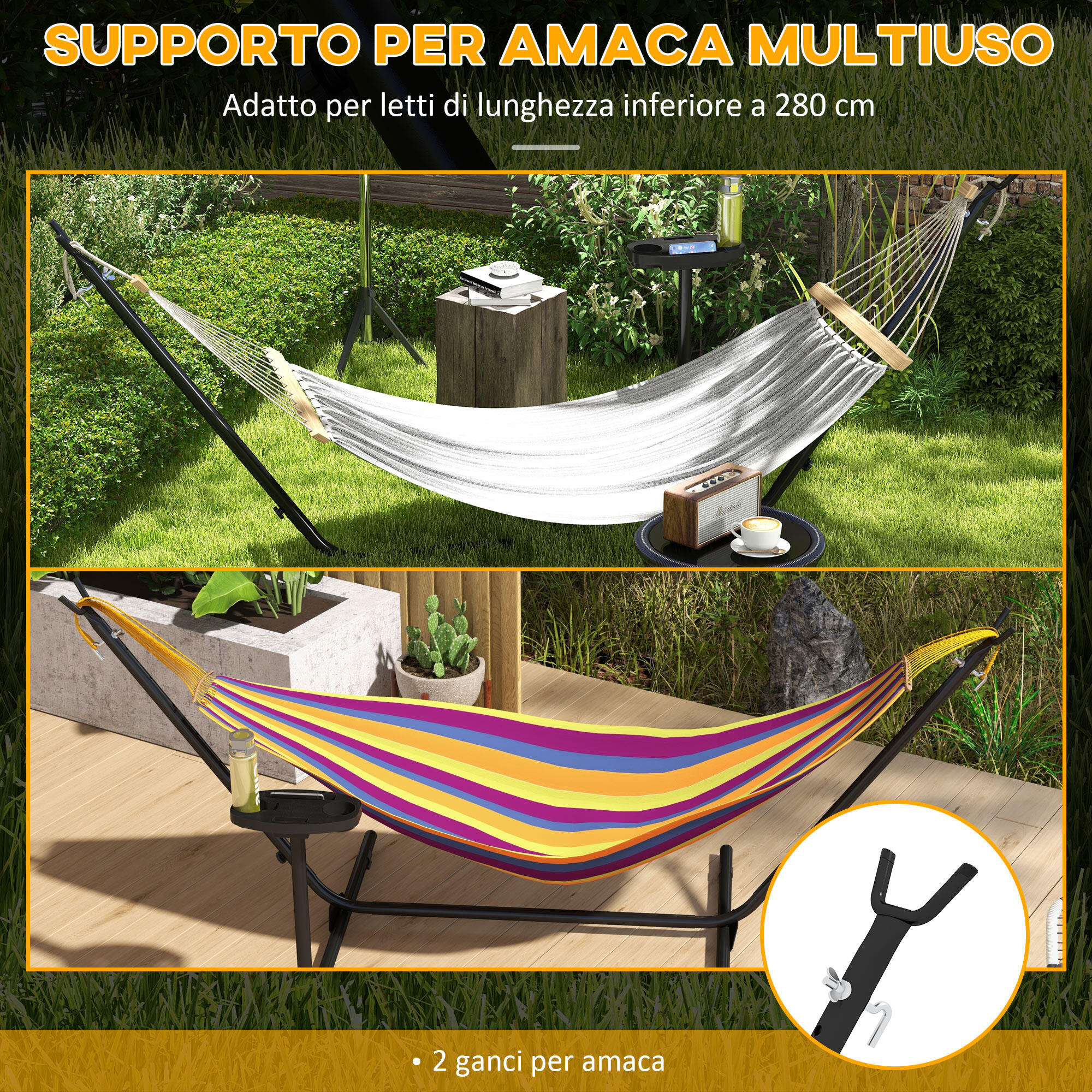 Prime Garden Amaca Doppia Con Supporto In Acciaio – Strisce Nere, Salvaspazio, Portata 204 Kg - 6