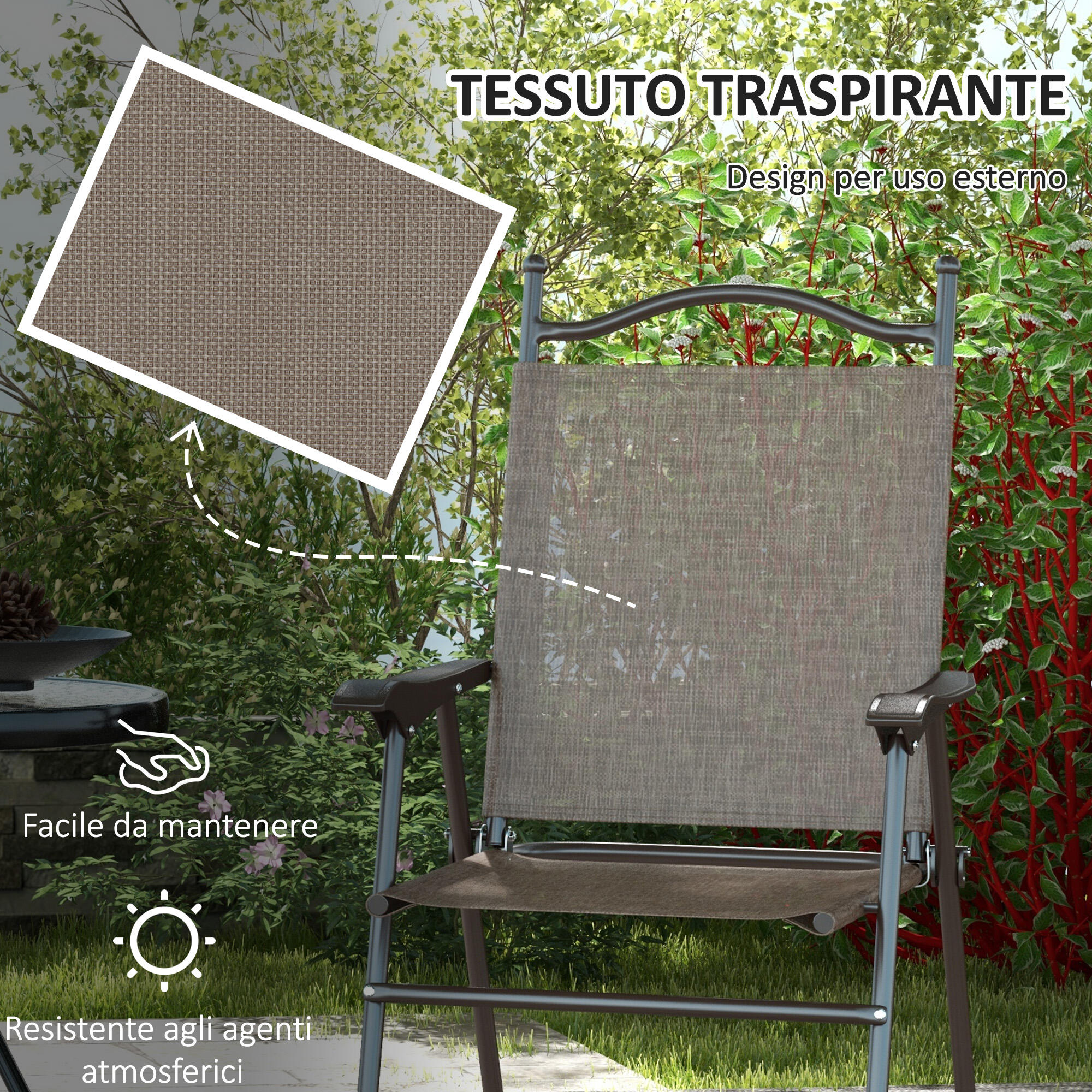 Outsunny Set 2 Sedie da Esterno Pieghevoli con Braccioli e Tessuto Marrone 5/7
