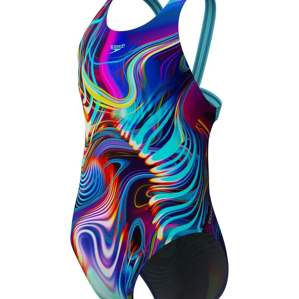 Speedo Girls Digital Allover Leaderback Swimsuit - Blue/Multi