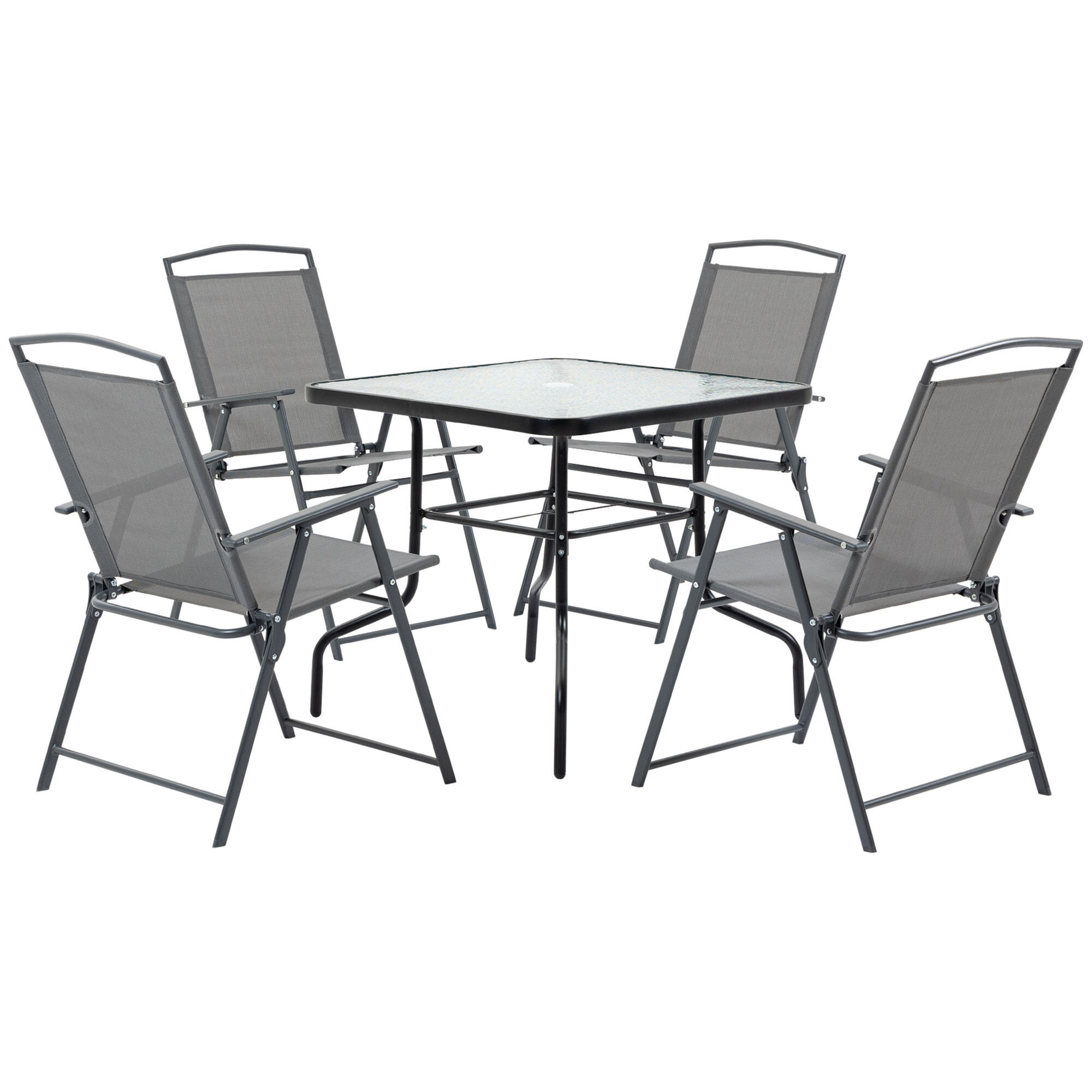 Set Giardino 5 Pezzi Outsunny - Tavolo Quadrato Vetro E 4 Sedie Con Cuscini, Grigio Scuro