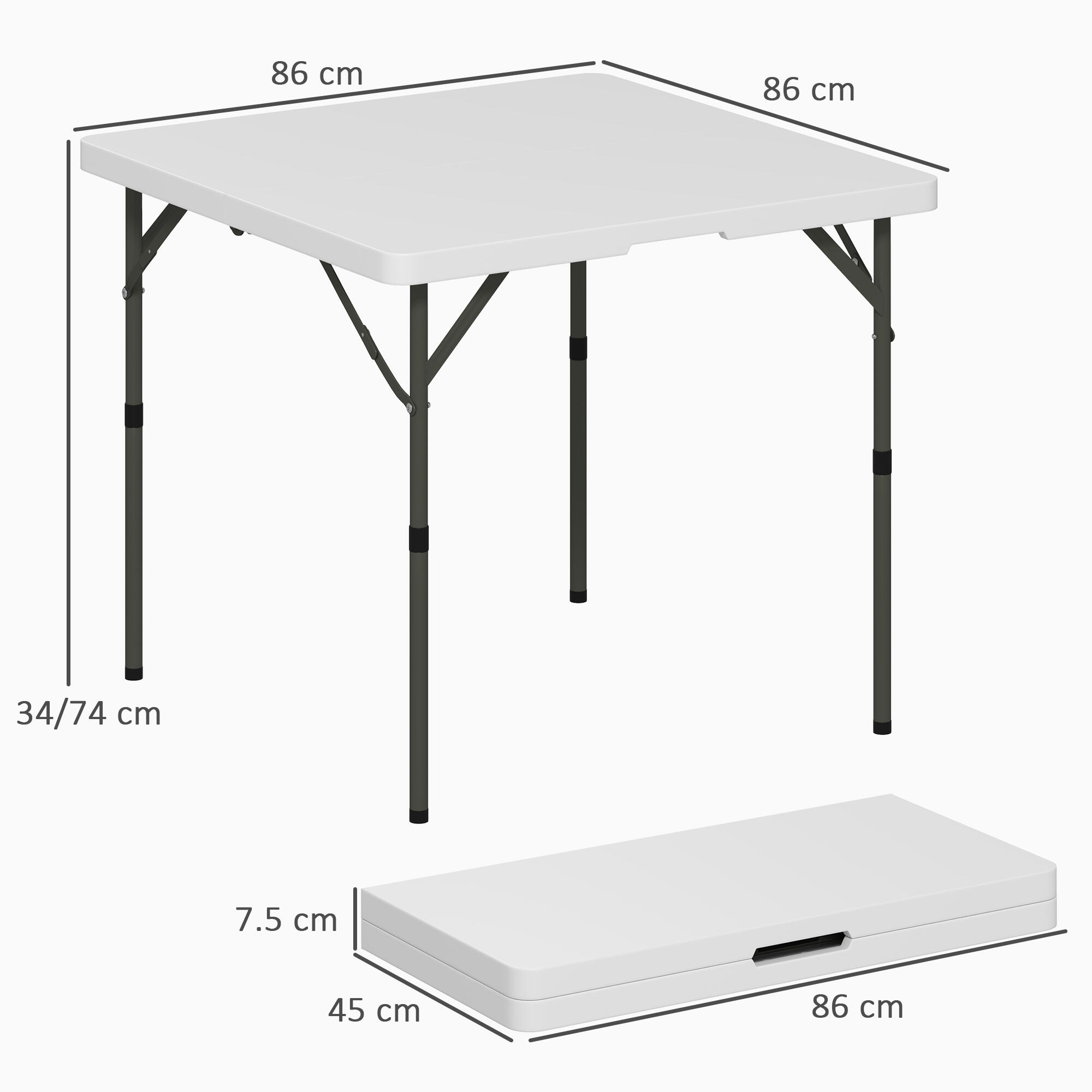 Outsunny Tavolo da Campeggio Pieghevole 2 Altezze Regolabili 86x86x74cm Bianco 3/7