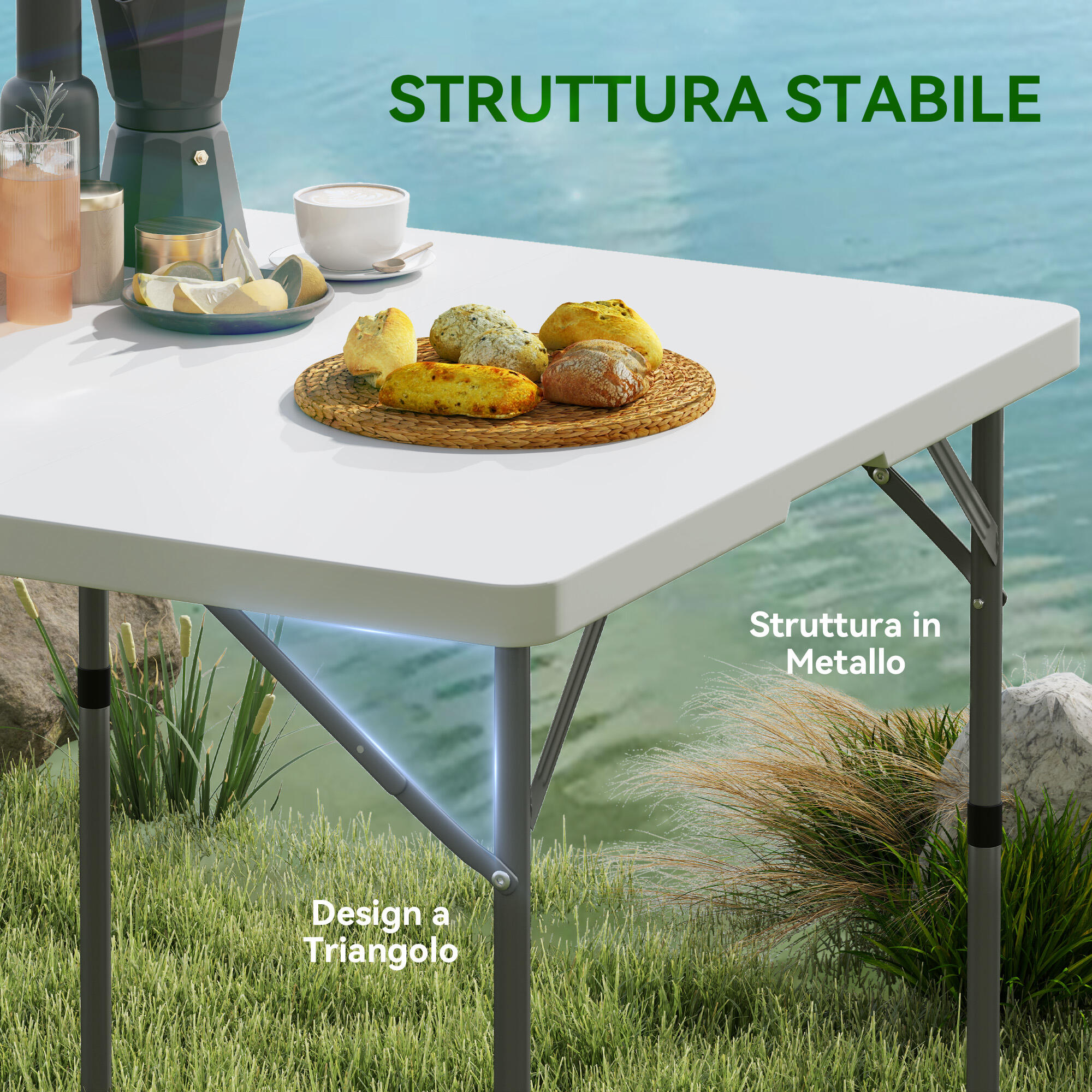 Outsunny Tavolo da Campeggio Pieghevole 2 Altezze Regolabili 86x86x74cm Bianco 5/7