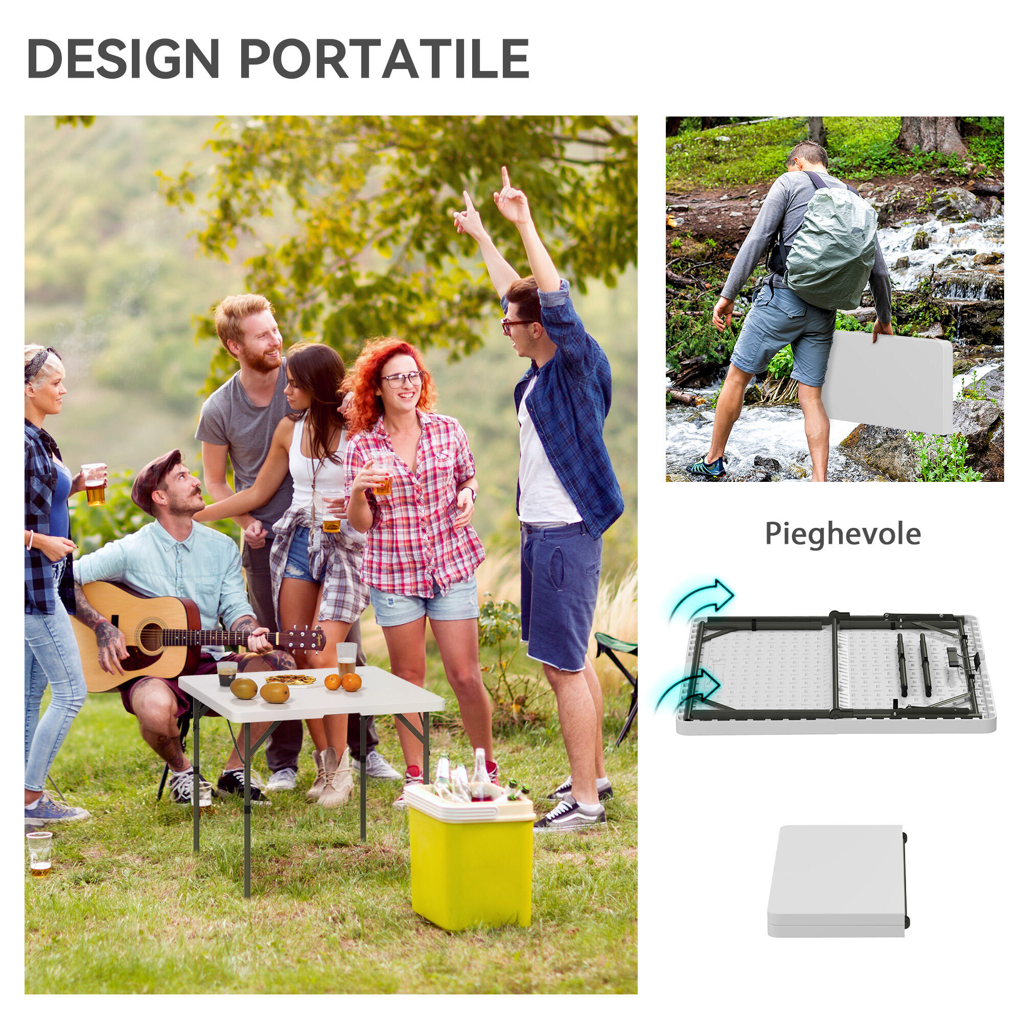 Outsunny Tavolo da Campeggio Pieghevole 2 Altezze Regolabili 86x86x74cm Bianco 4/7