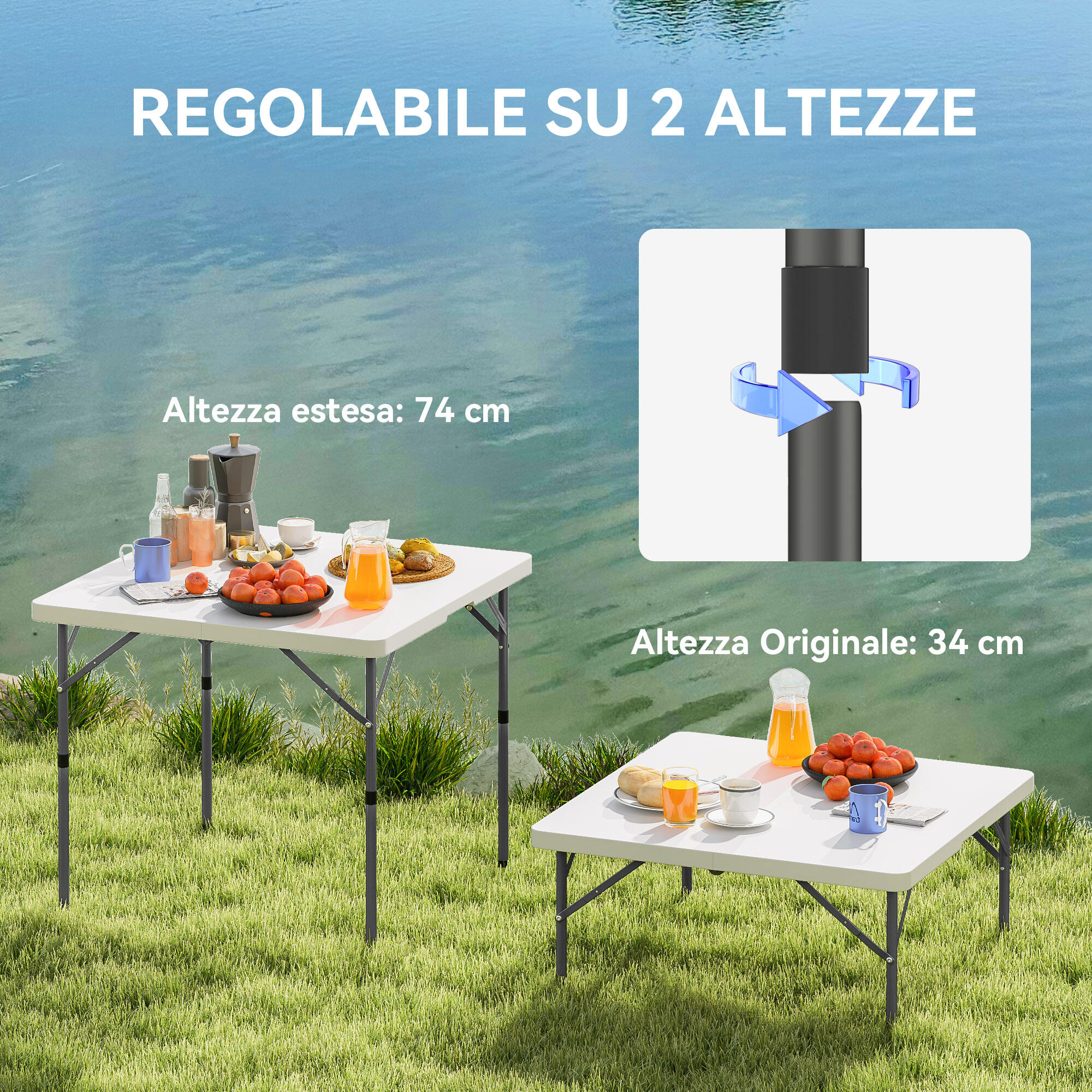 Outsunny Tavolo da Campeggio Pieghevole 2 Altezze Regolabili 86x86x74cm Bianco 6/7