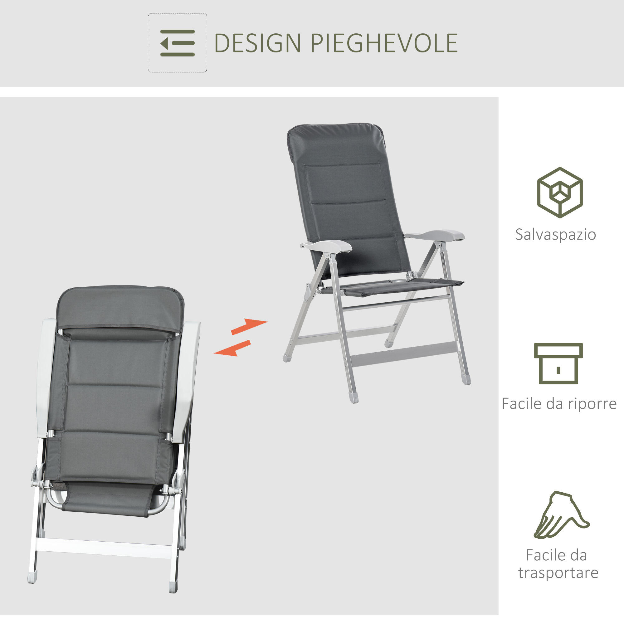 Outsunny Sedia da Pesca Pieghevole con Braccioli e Schienale Regolabile Grigio 7/7