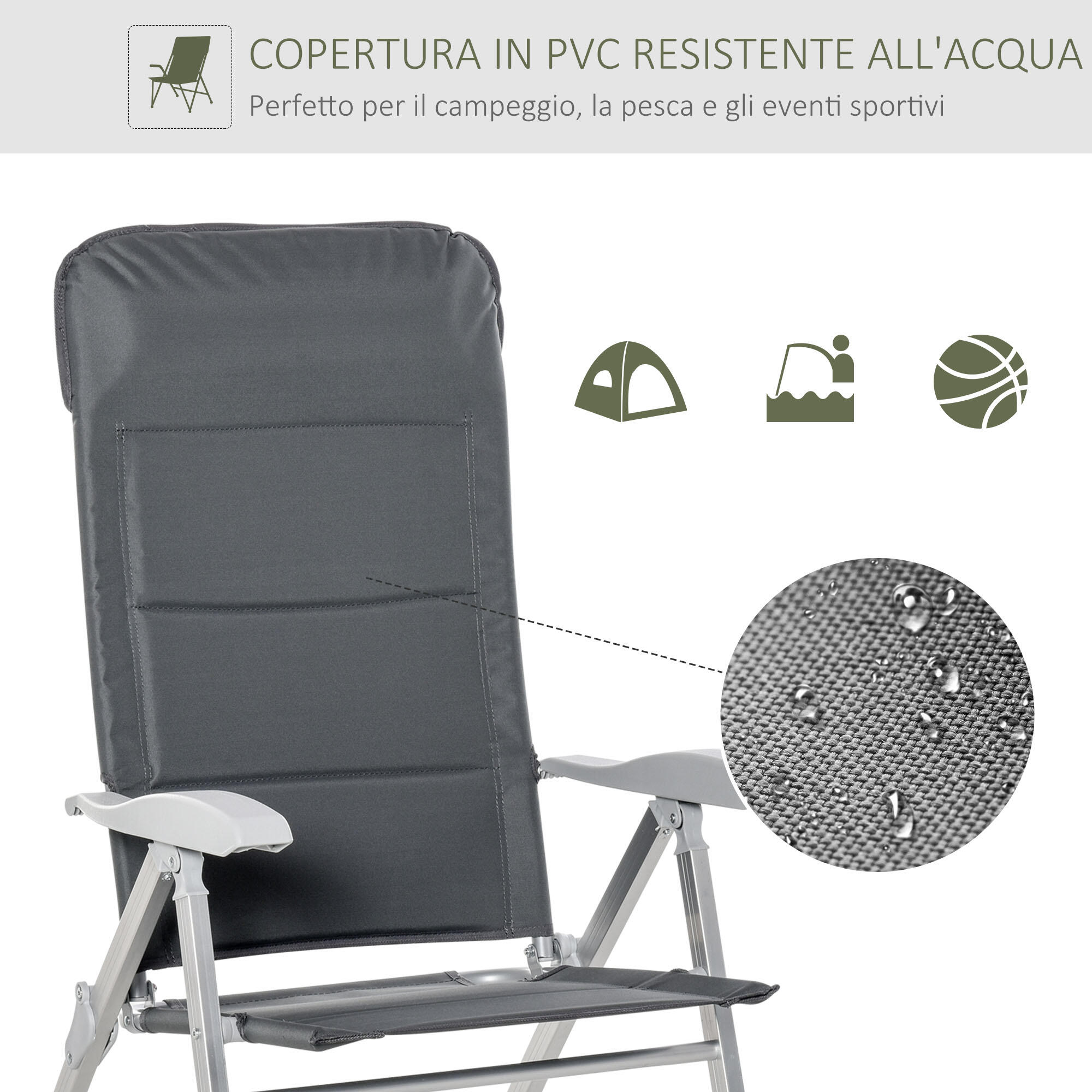 Outsunny Sedia da Pesca Pieghevole con Braccioli e Schienale Regolabile Grigio 4/7