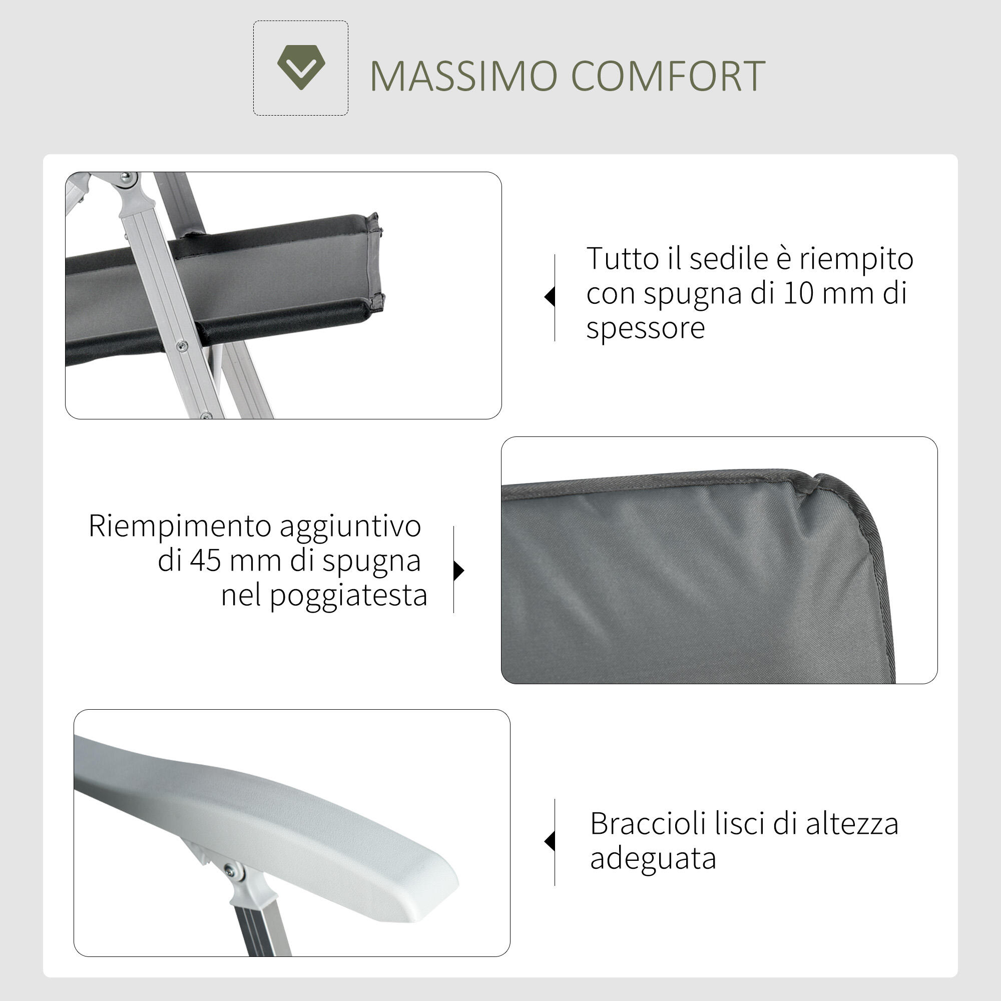 Outsunny Sedia da Pesca Pieghevole con Braccioli e Schienale Regolabile Grigio 6/7