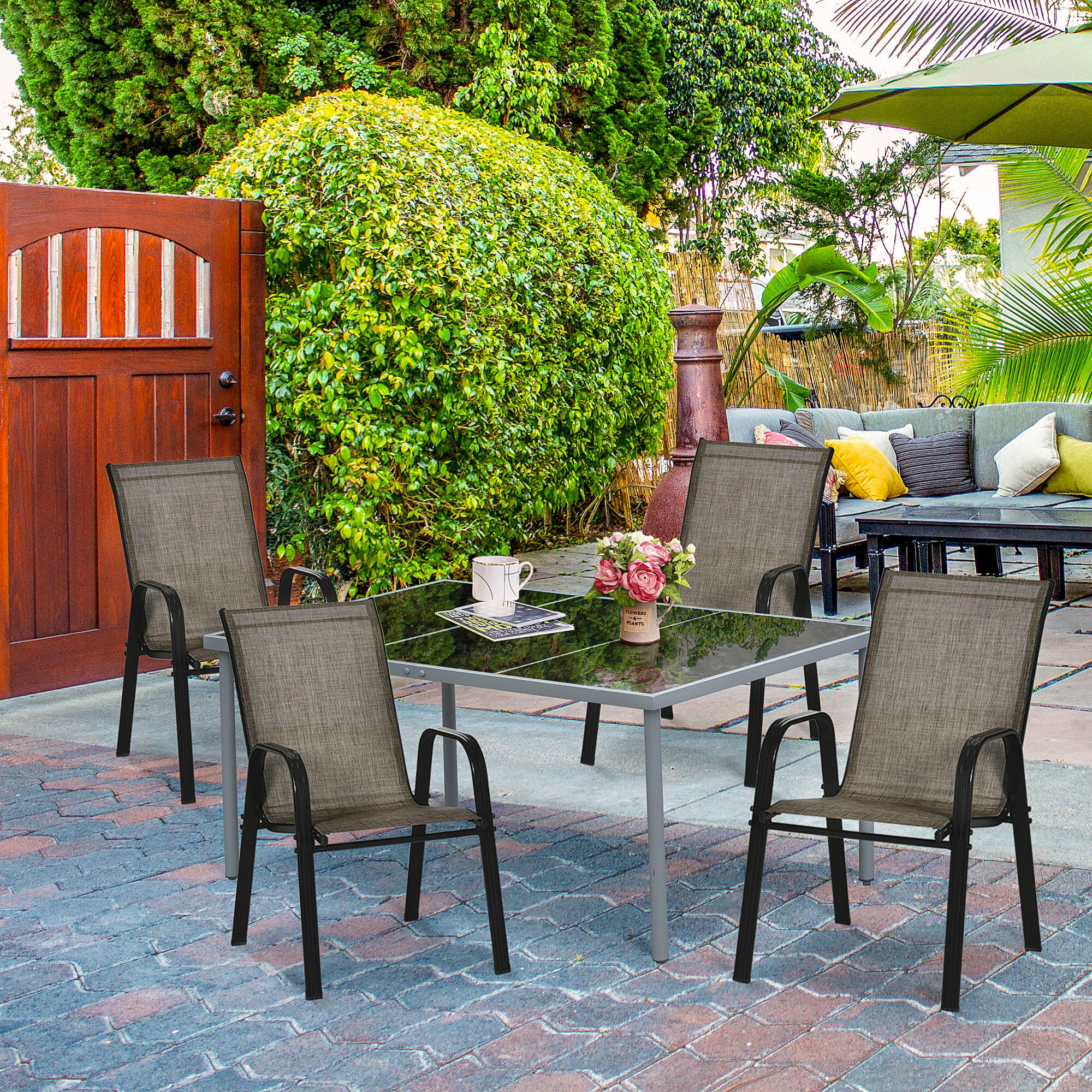 Outsunny Set 4 Pz Sedie da Esterno Impilabili con Braccioli in Metallo Marrone 2/7