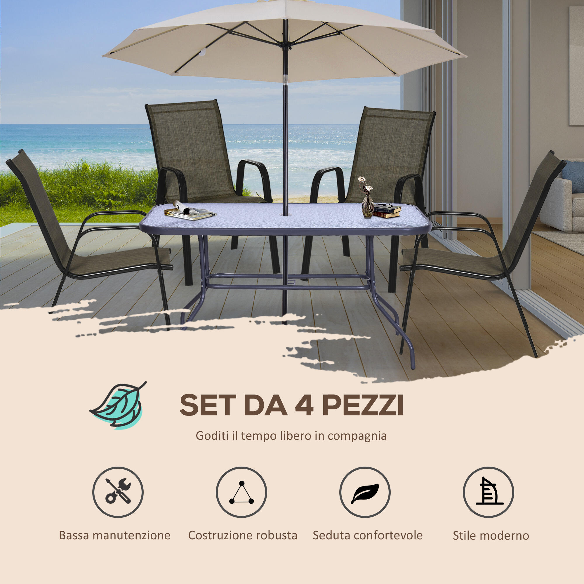 Outsunny Set 4 Pz Sedie da Esterno Impilabili con Braccioli in Metallo Marrone 4/7