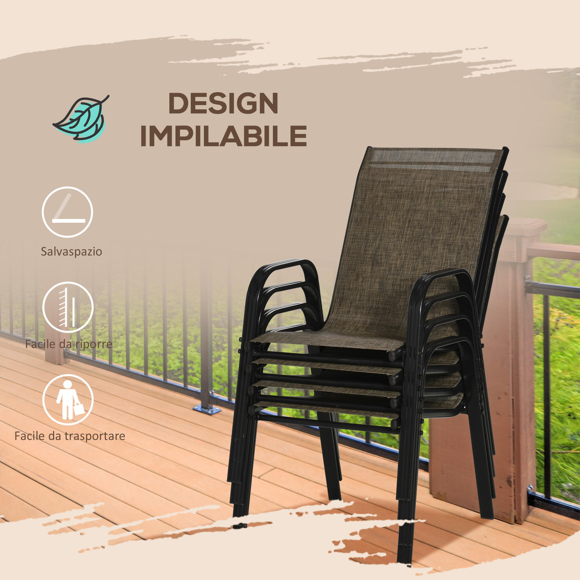 Outsunny Set 4 Pz Sedie da Esterno Impilabili con Braccioli in Metallo Marrone 5/7