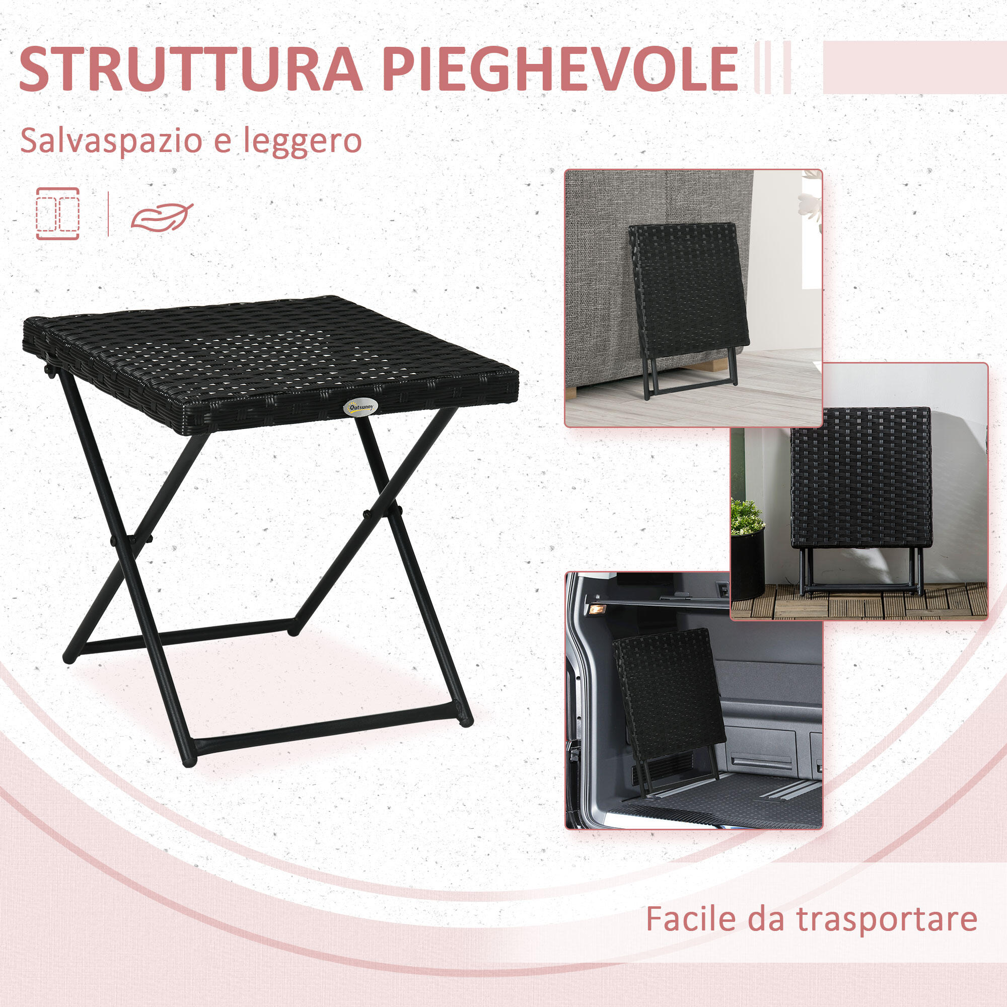 Outsunny Tavolino da Esterno Pieghevole Salvaspazio in Rattan e Acciaio Nero 4/8