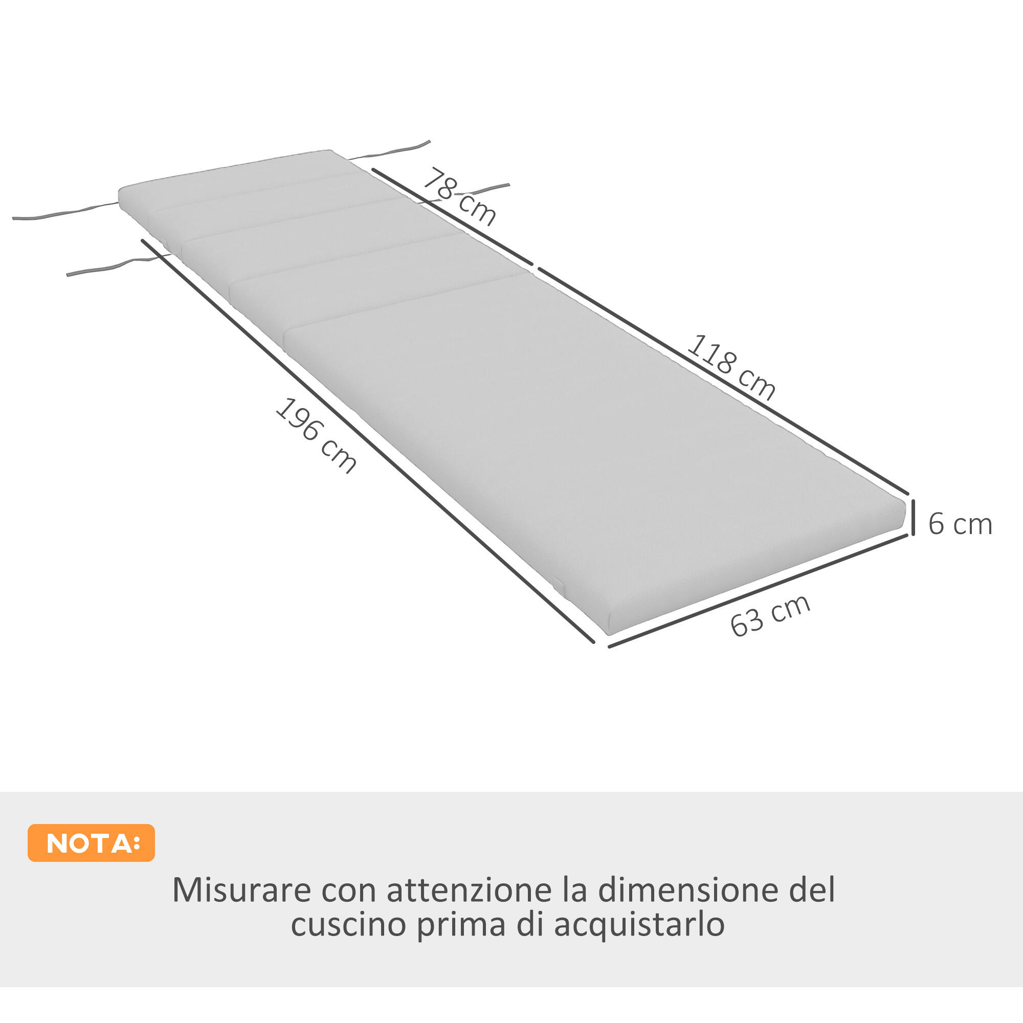 Outsunny Cuscino per Sdraio in Tessuto con Lacci di Fissaggio Grigio Chiaro 3/7