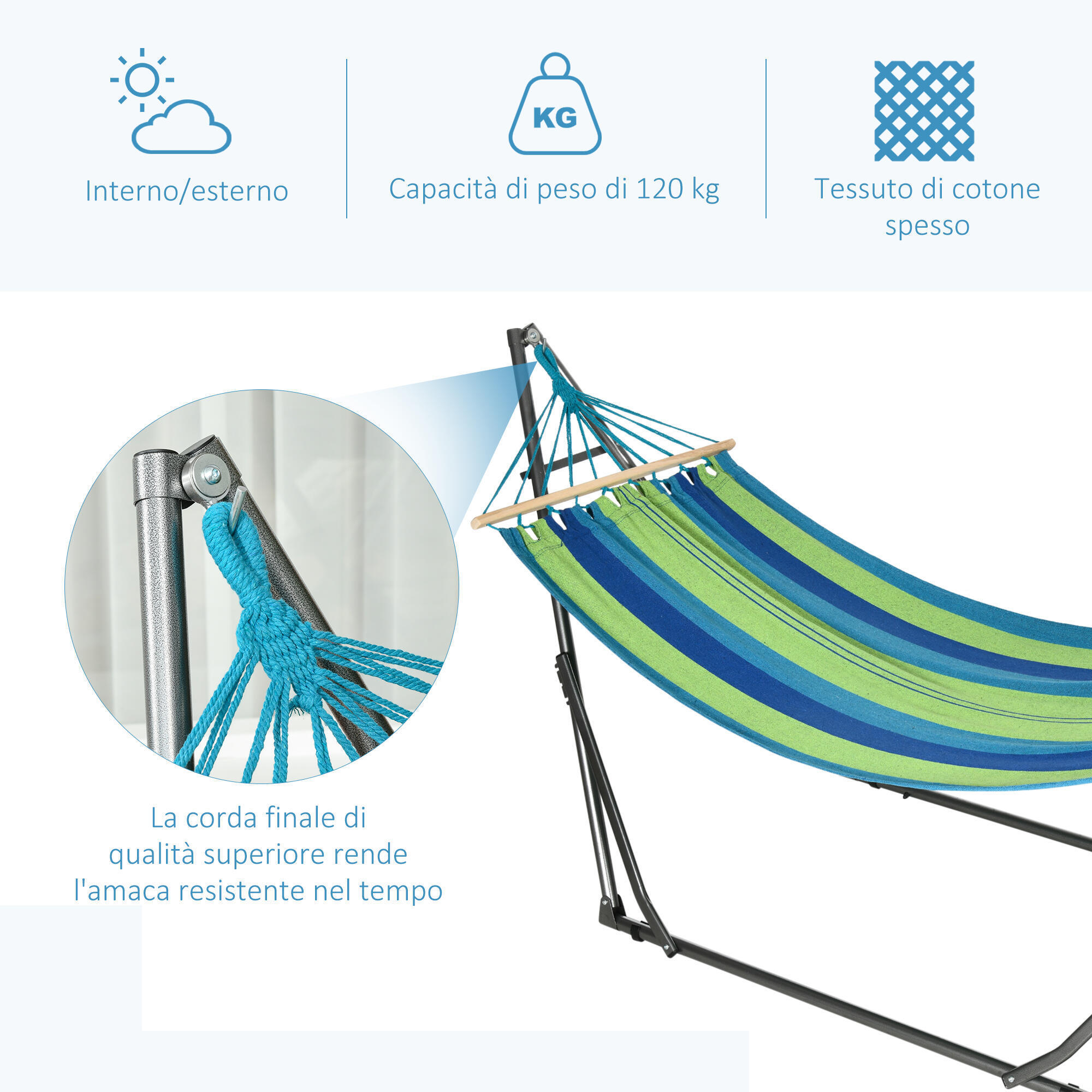 Outsunny Amaca Autoportante con Supporto Pieghevole in Cotone e Acciaio Verde 7/7