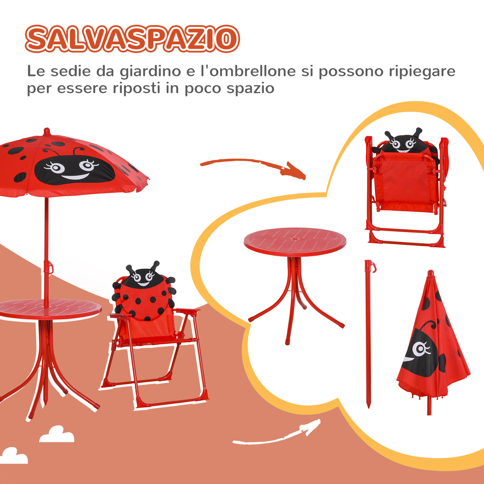 Outsunny Set Tavolo da Esterno con 2 Sedie Pieghevoli e Ombrellone per Bambini 4/7