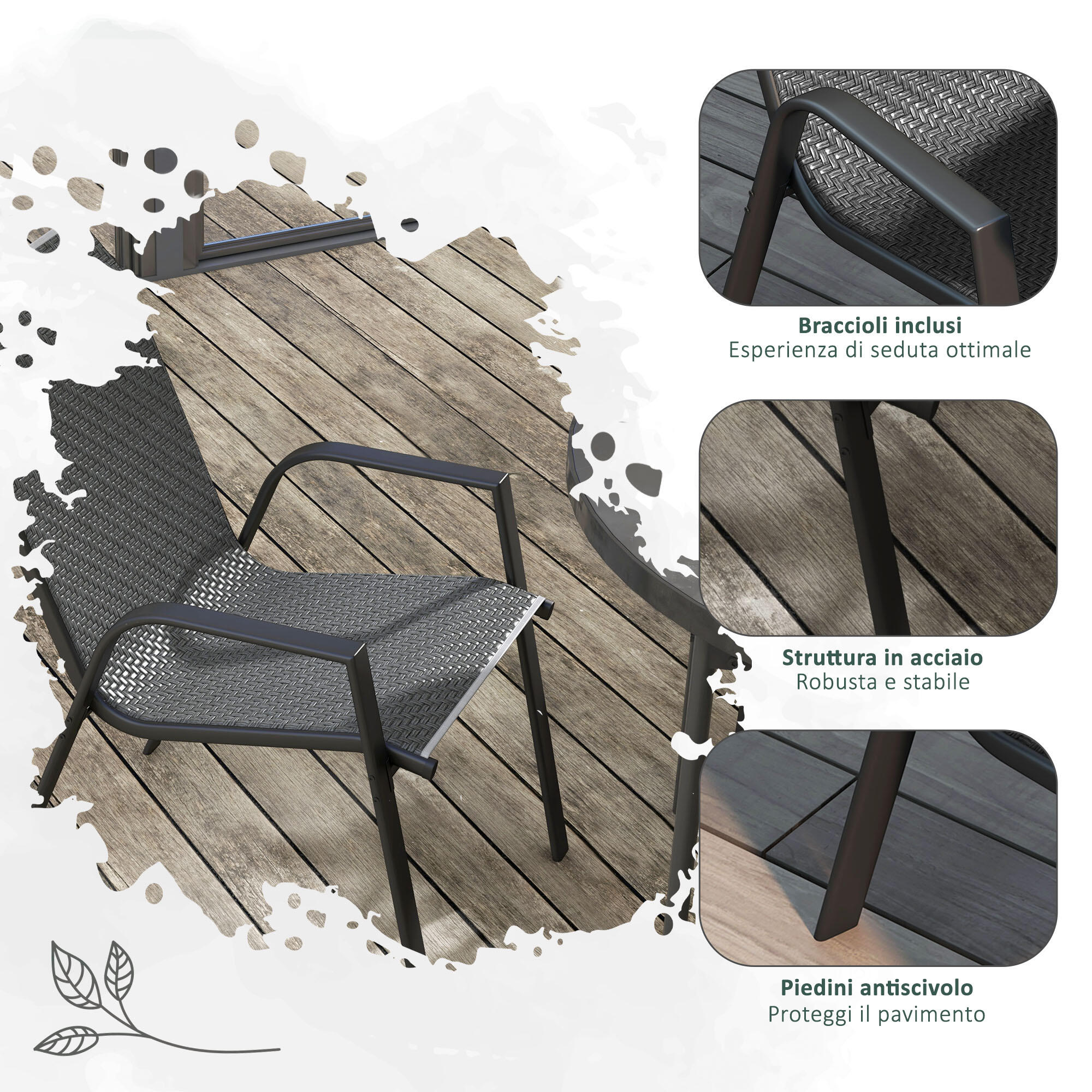 Outsunny Set 4 Sedie da Esterno Impilabili con Braccioli in Rattan PE Grigio 7/7