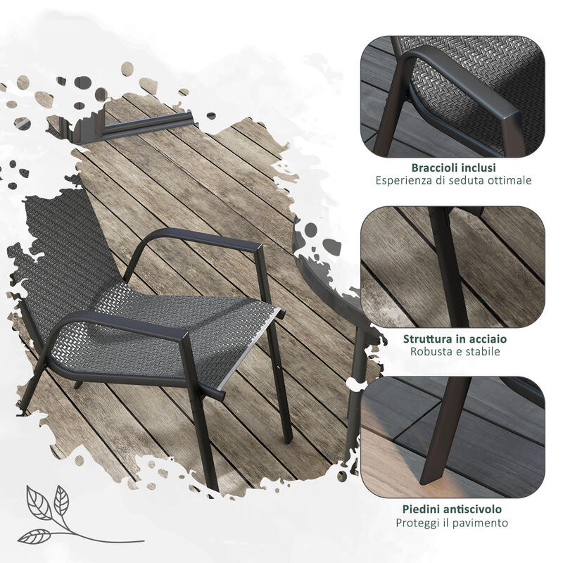 Outsunny Set de 4 scaune de exterior cu cotiere în gri, din ratan si PE