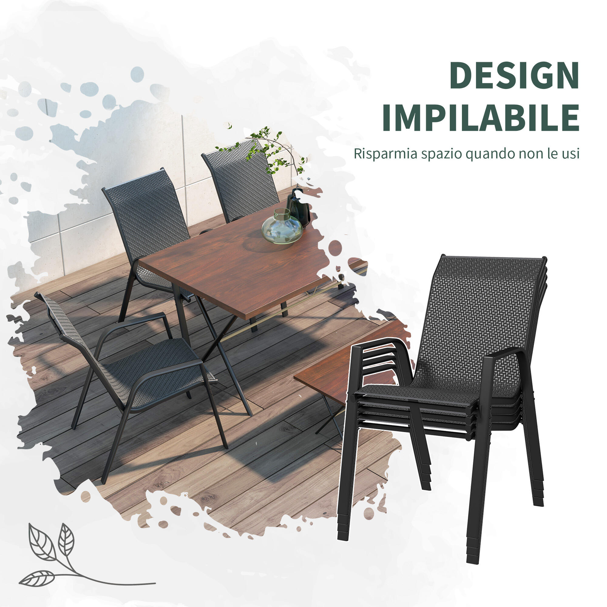 Outsunny Set 4 Sedie da Esterno Impilabili con Braccioli in Rattan PE Grigio 5/7