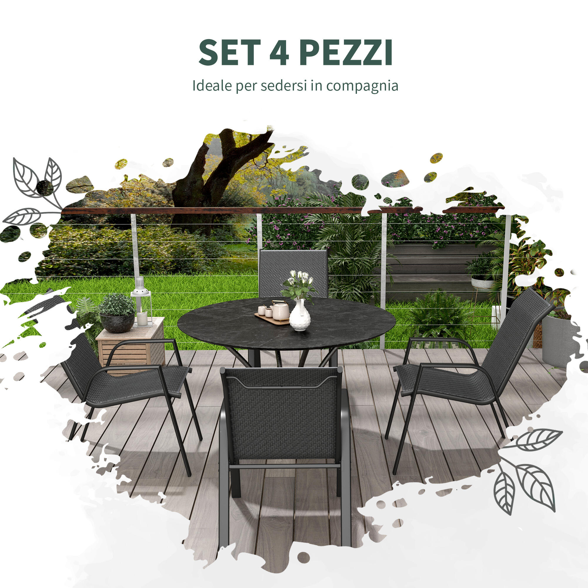 Outsunny Set 4 Sedie da Esterno Impilabili con Braccioli in Rattan PE Grigio 4/7