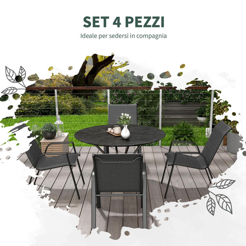 Outsunny Set de 4 scaune de exterior cu cotiere în gri, din ratan si PE
