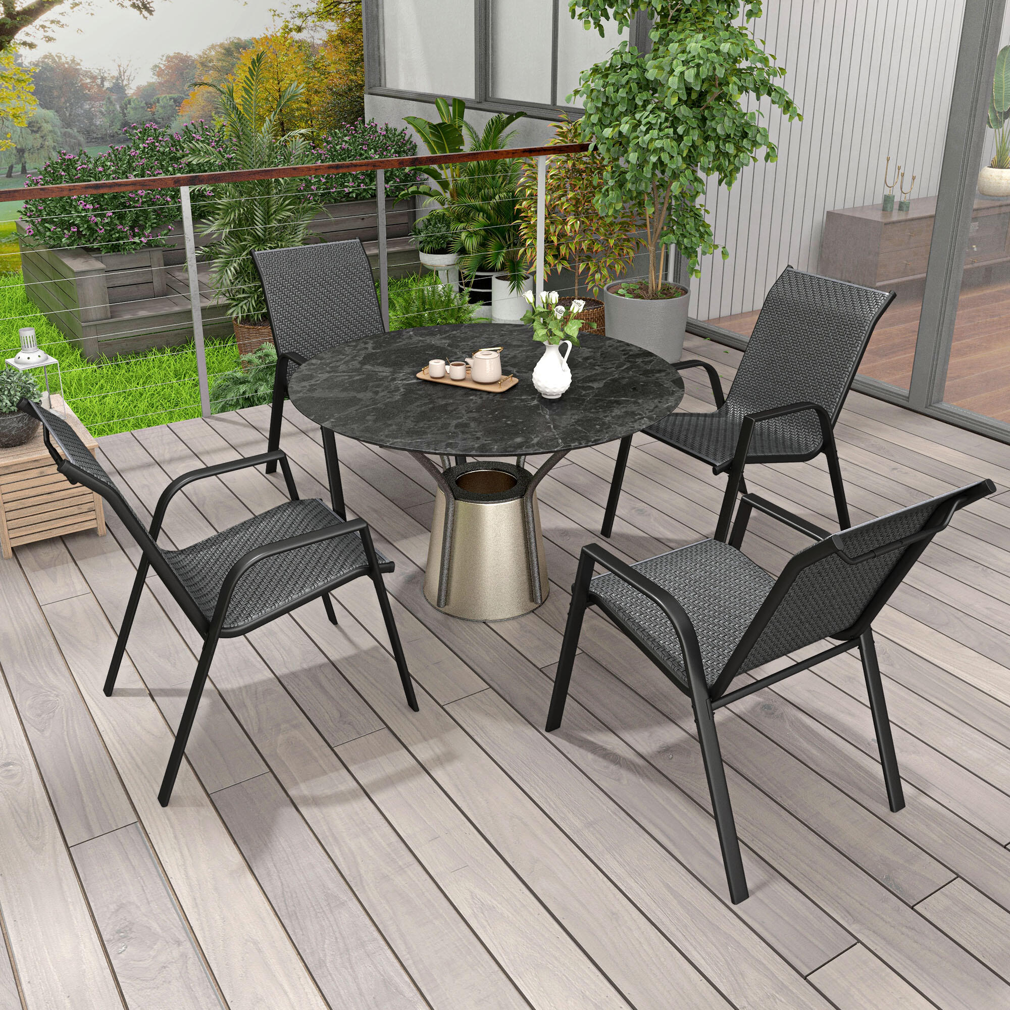 Outsunny Set 4 Sedie da Esterno Impilabili con Braccioli in Rattan PE Grigio 2/7