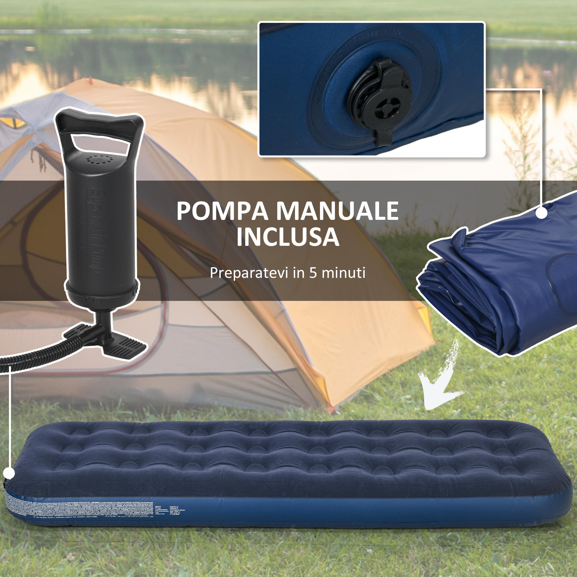 Outsunny Letto Gonfiabile Singolo con Pompa Manuale 73x191x22 cm Blu 5/7