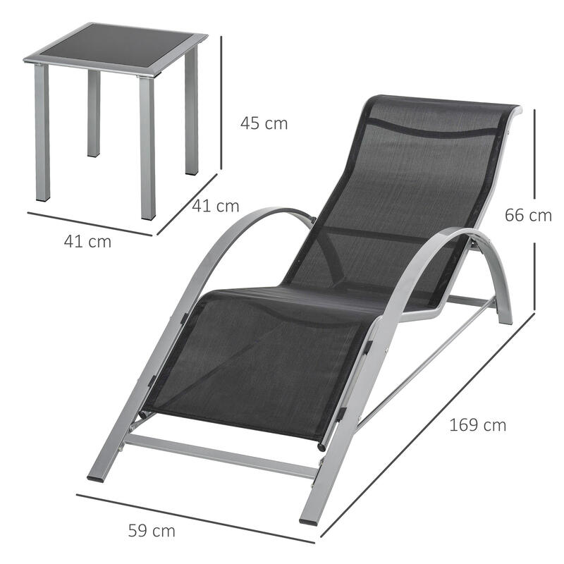Outsunny Set 2 Șezlonguri de Exterior Și 1 Măsuță de Cafea cu Blat Sticlă Neagră
