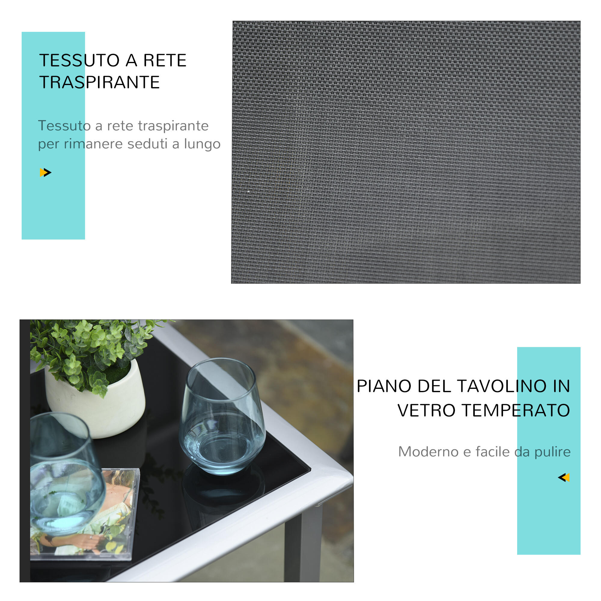 Outsunny Set 2 Sdraio da Esterno e 1 Tavolino con Ripiano in Vetro Nero 5/7