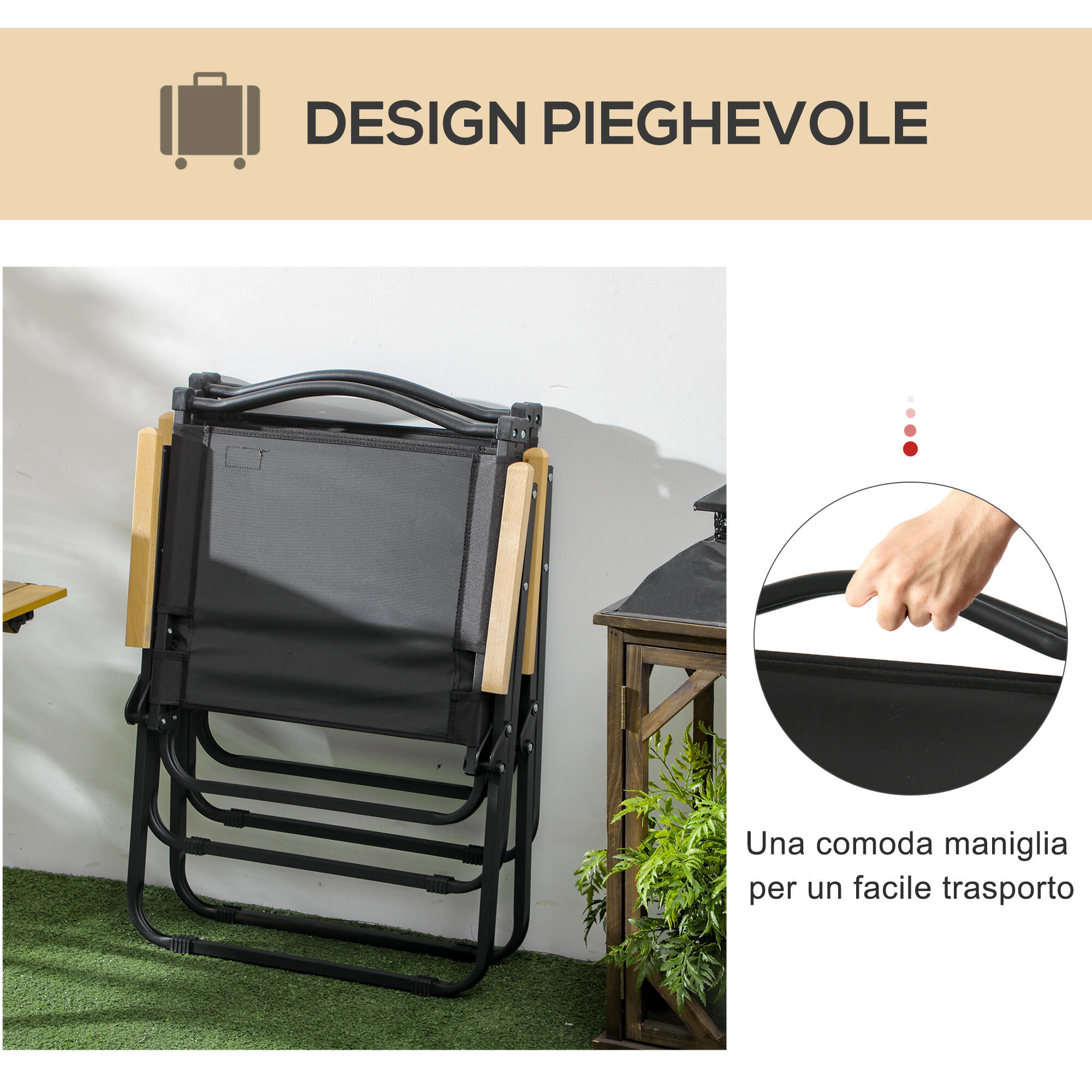 Outsunny Set 2 Sedie Pieghevoli da Esterno con Braccioli in Tessuto Nero 5/7