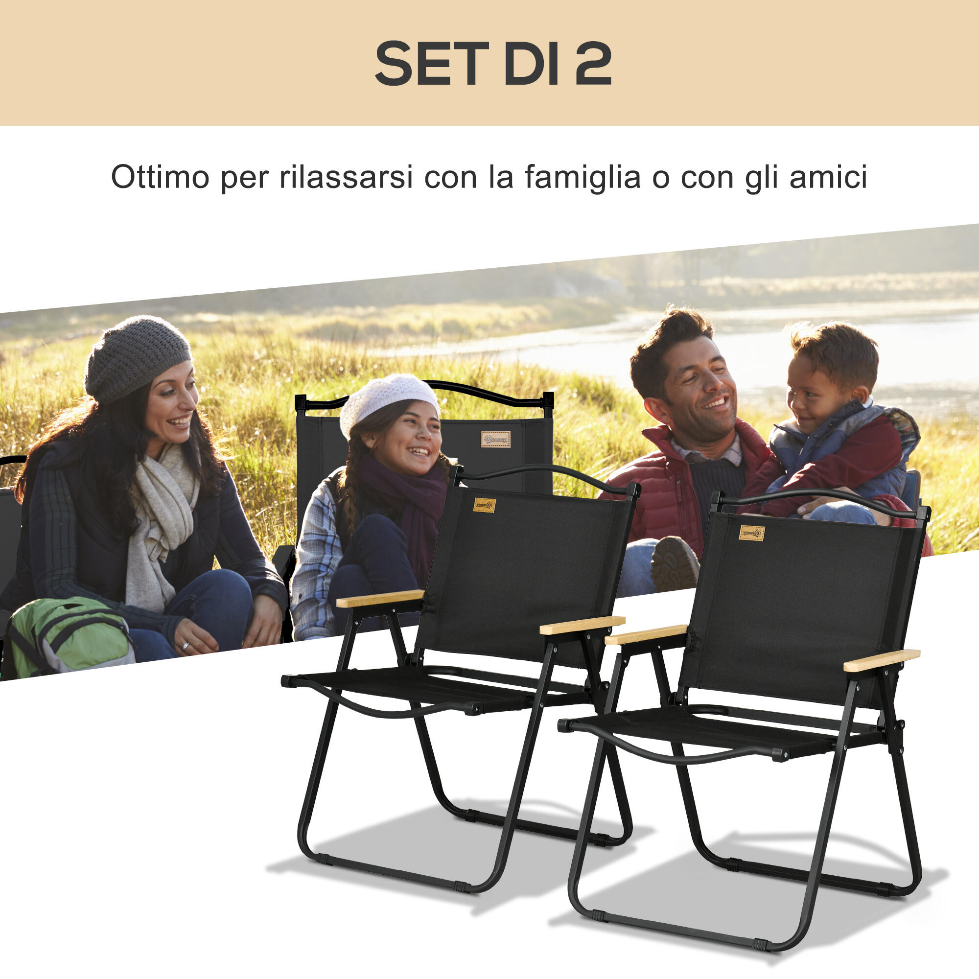 Outsunny Set 2 Sedie Pieghevoli da Esterno con Braccioli in Tessuto Nero 4/7