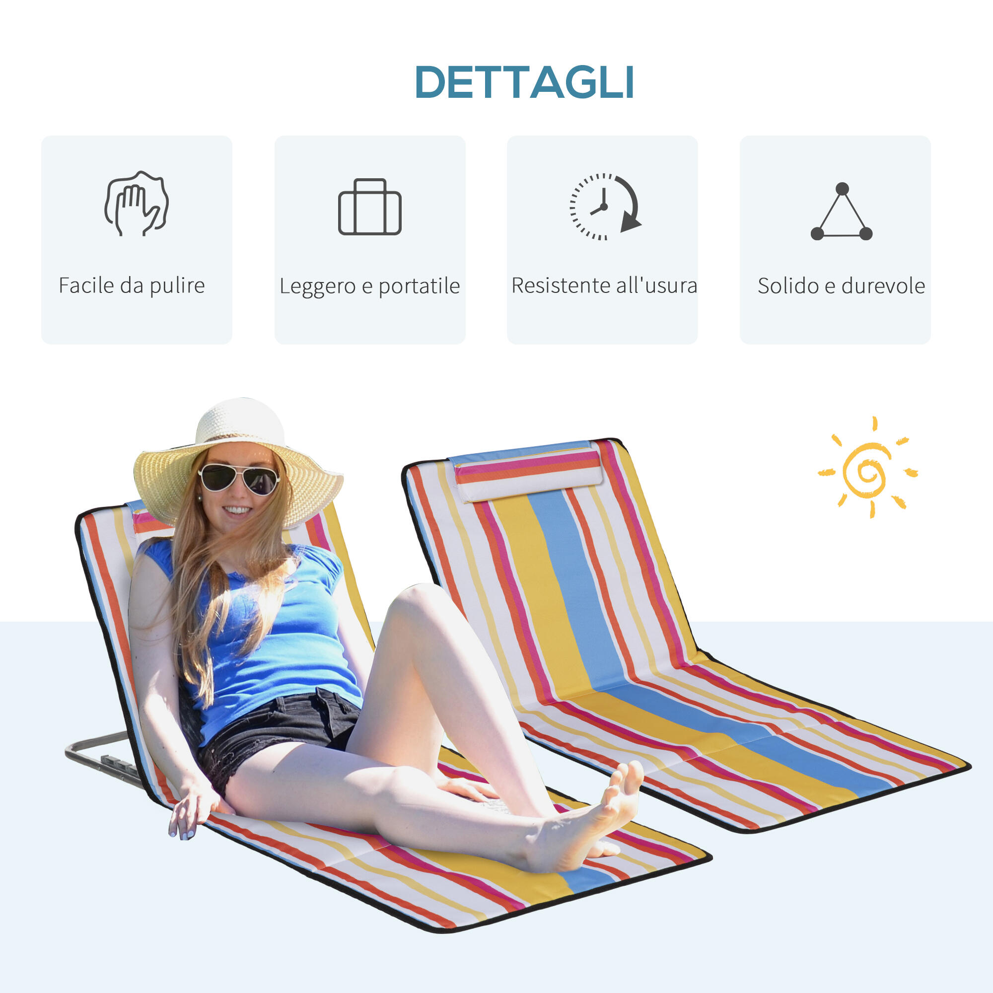 Outsunny Set 2 Sdraio da Spiaggia con Schienale Regolabile Poggiatesta Colorati 7/7