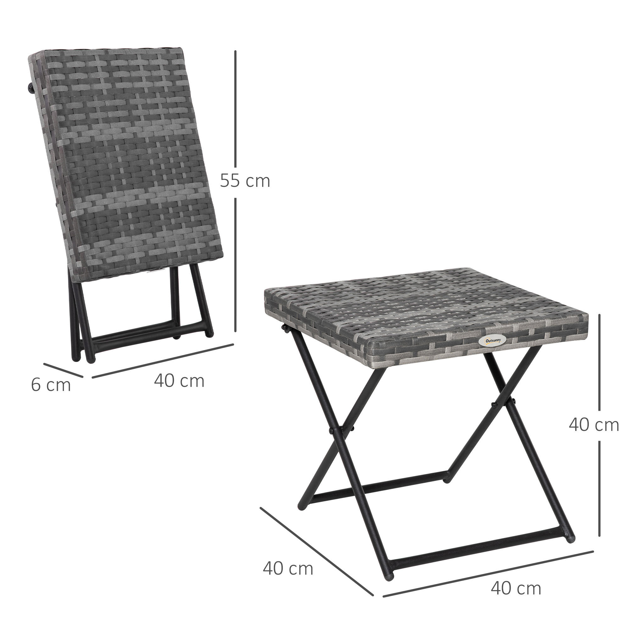 Outsunny Tavolino da Esterno Pieghevole Salvaspazio in Rattan e Acciaio Grigio 3/8