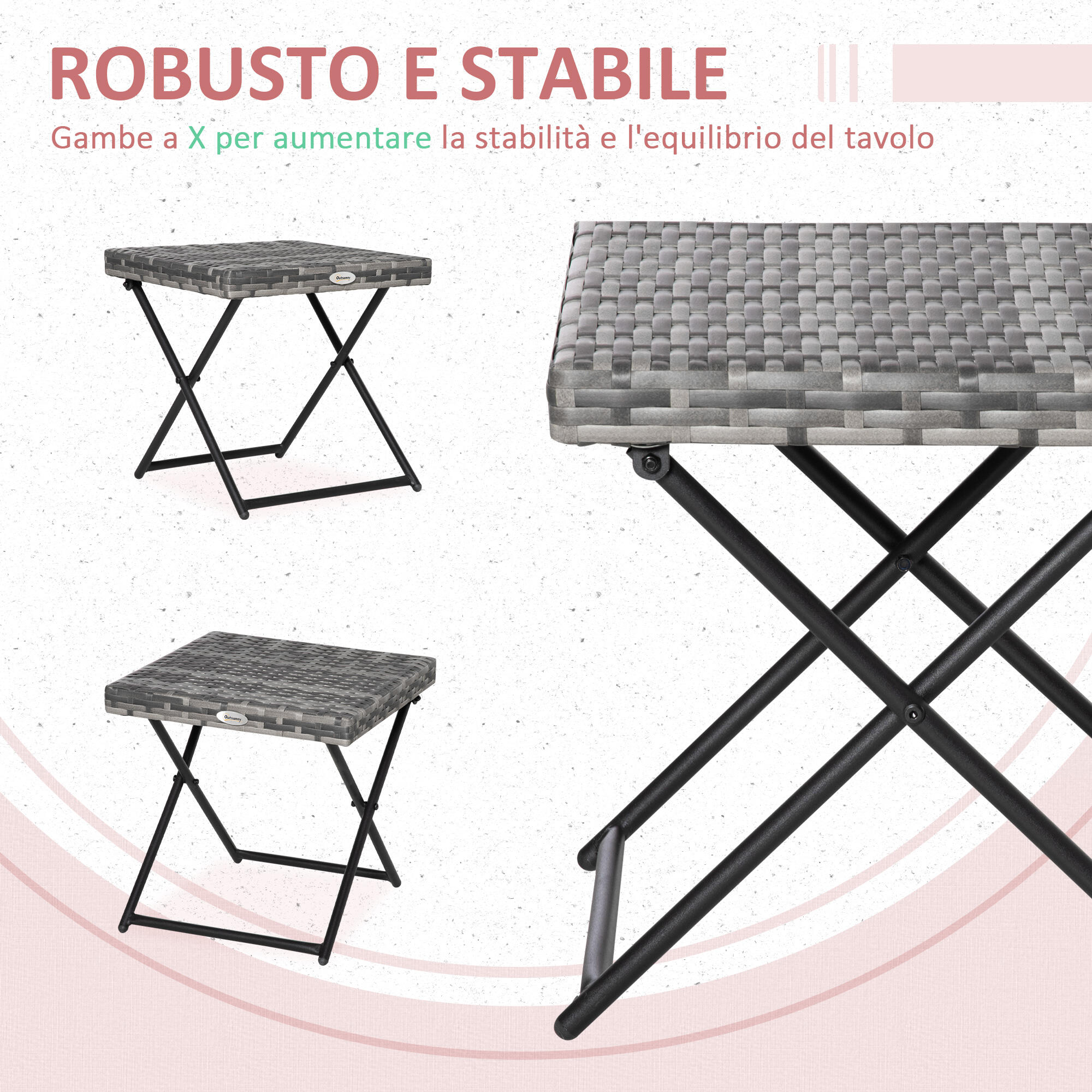 Outsunny Tavolino da Esterno Pieghevole Salvaspazio in Rattan e Acciaio Grigio 6/8