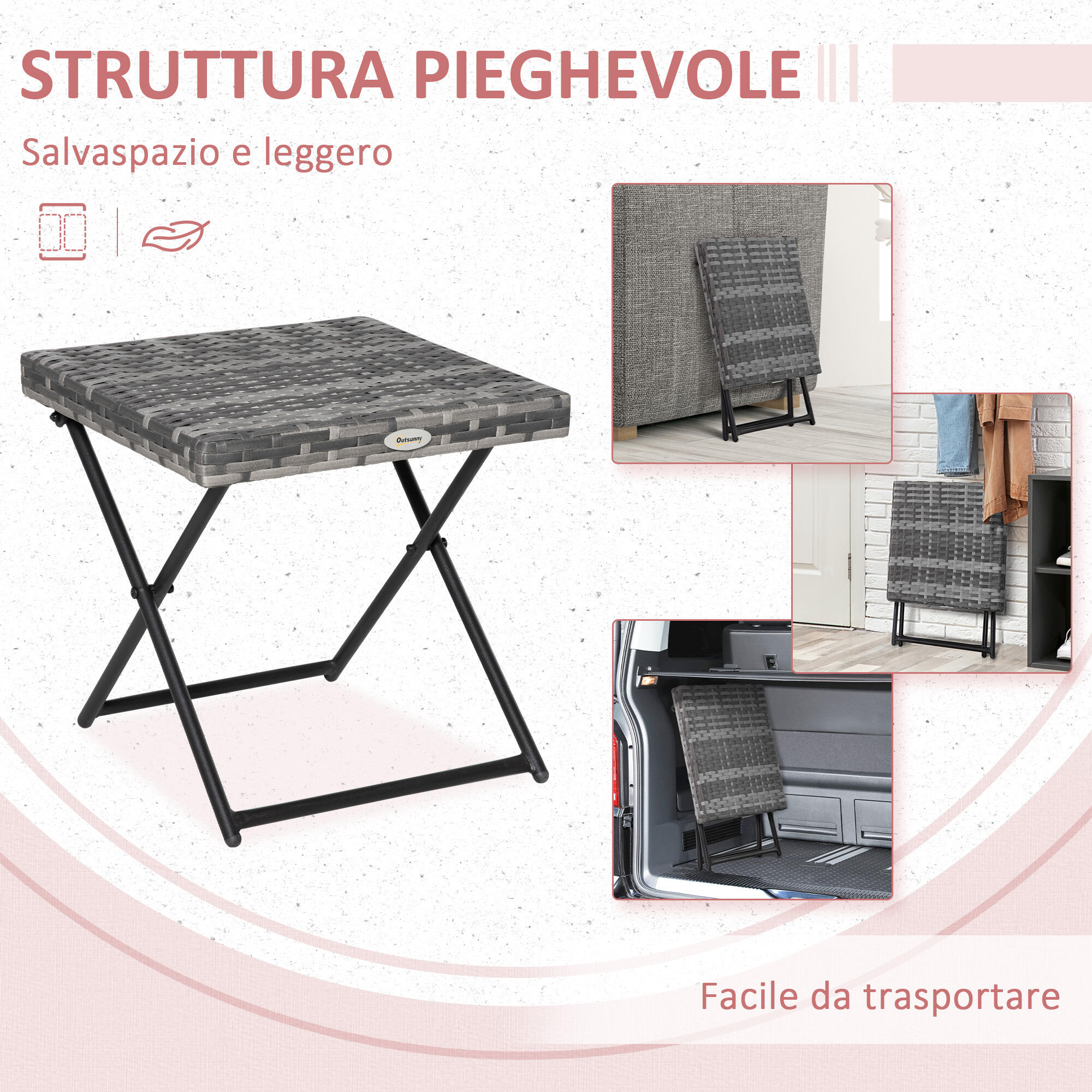 Outsunny Tavolino da Esterno Pieghevole Salvaspazio in Rattan e Acciaio Grigio 4/8