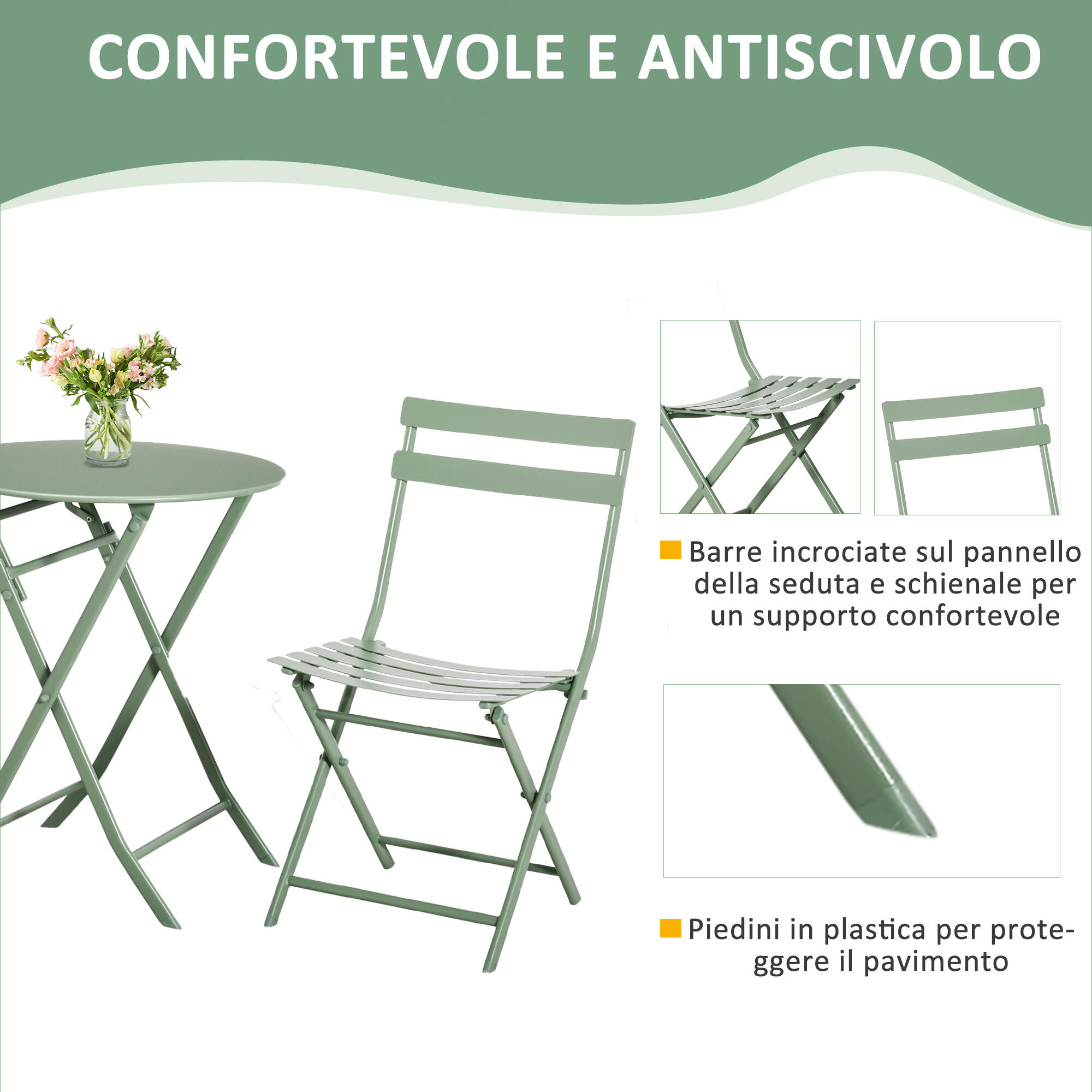 Outsunny Set da Esterno Pieghevole con 2 Sedie e Tavolo in Acciaio Verde 6/7
