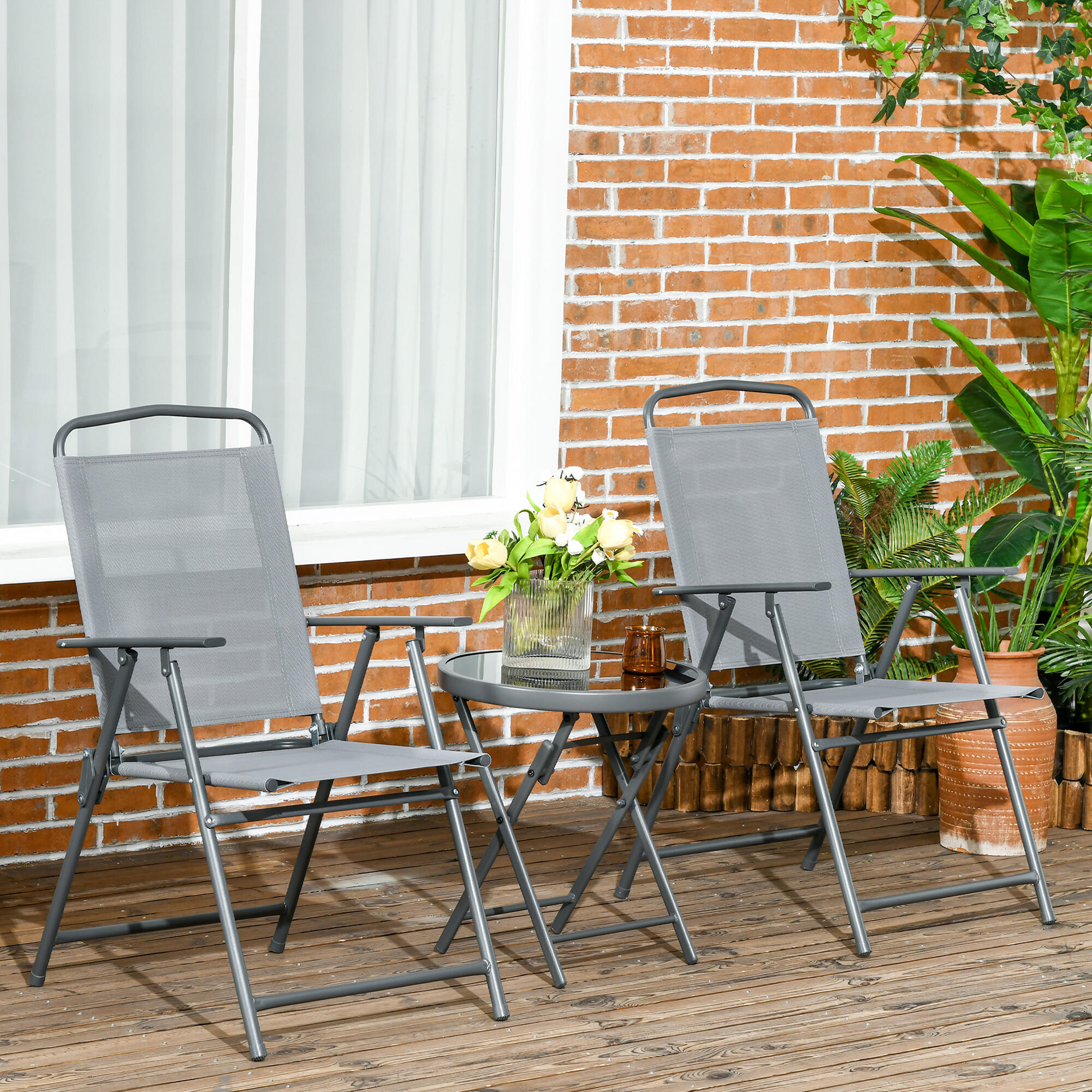 Outsunny Set da Esterno 3 Pz con 2 Sedie Pieghevoli e Tavolino da Caffè Grigio 2/7