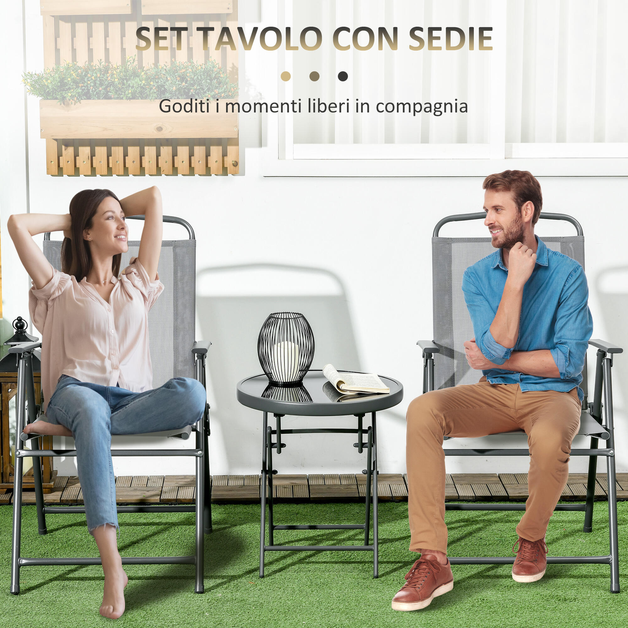 Outsunny Set da Esterno 3 Pz con 2 Sedie Pieghevoli e Tavolino da Caffè Grigio 5/7