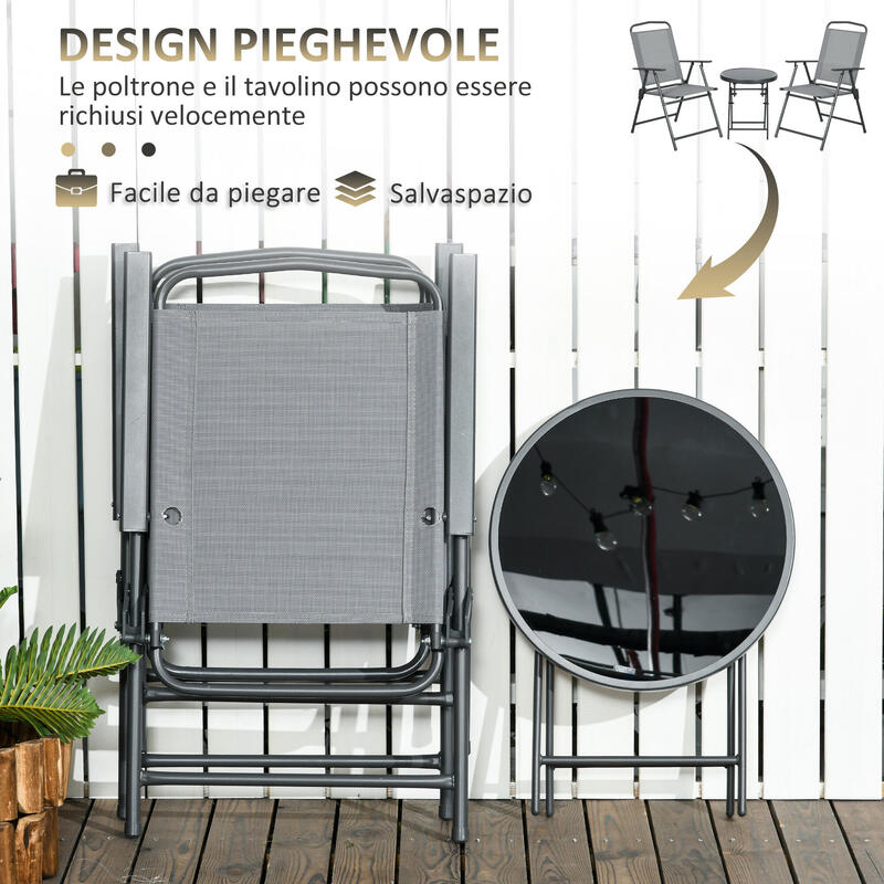 Outsunny Set de Exterior 3 Piese cu 2 Scaune Pliante Și Măsuță de Cafea Gri